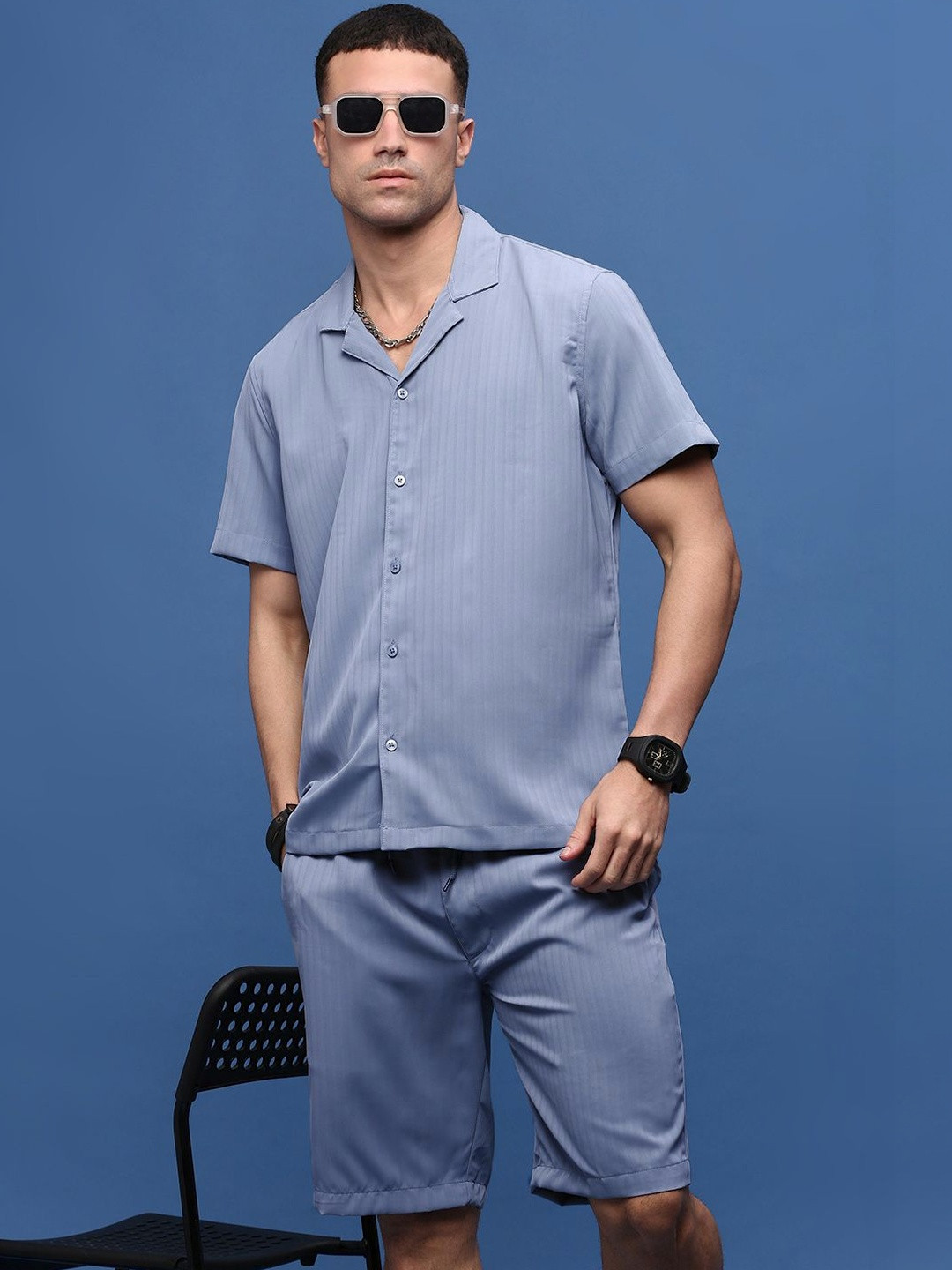 SHOWOFFFF Self Design Shirt Collar Shirt & Shorts Co-Ords