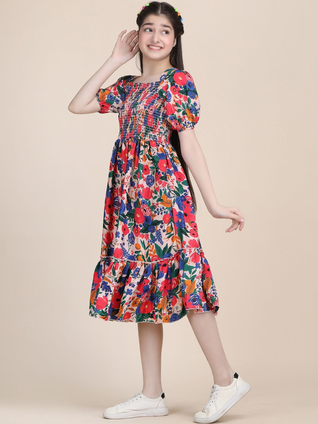 FIXOCRA Floral Print Puff Sleeve A-Line Midi Dress