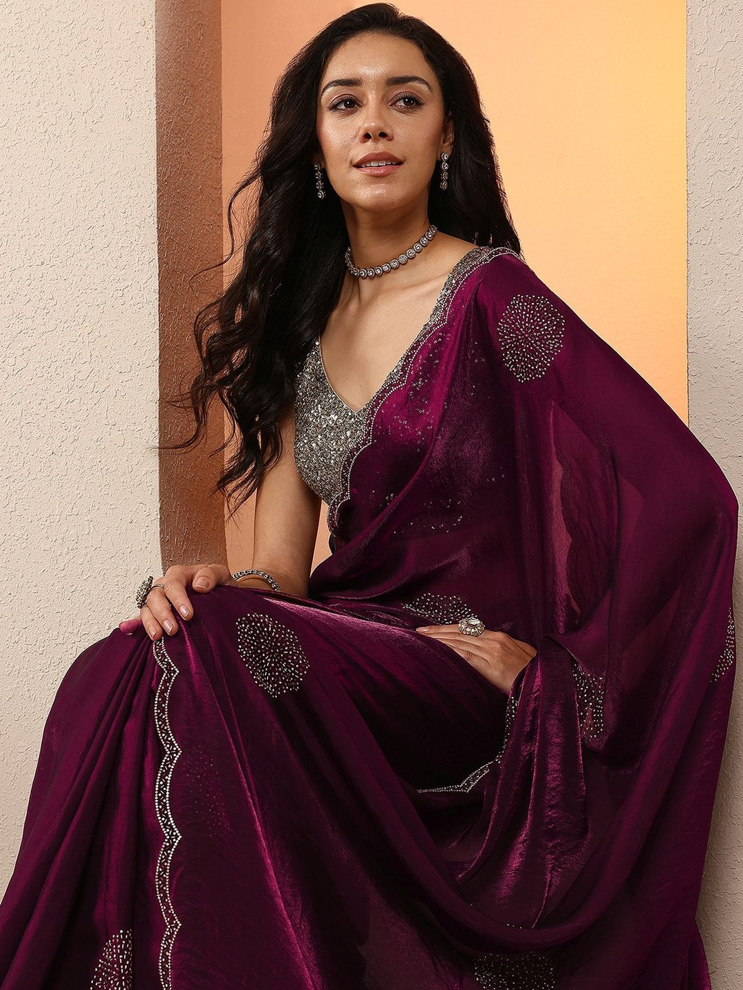 Libas Maroon Embellished Organza Saree With Unstitched Blouse Piece