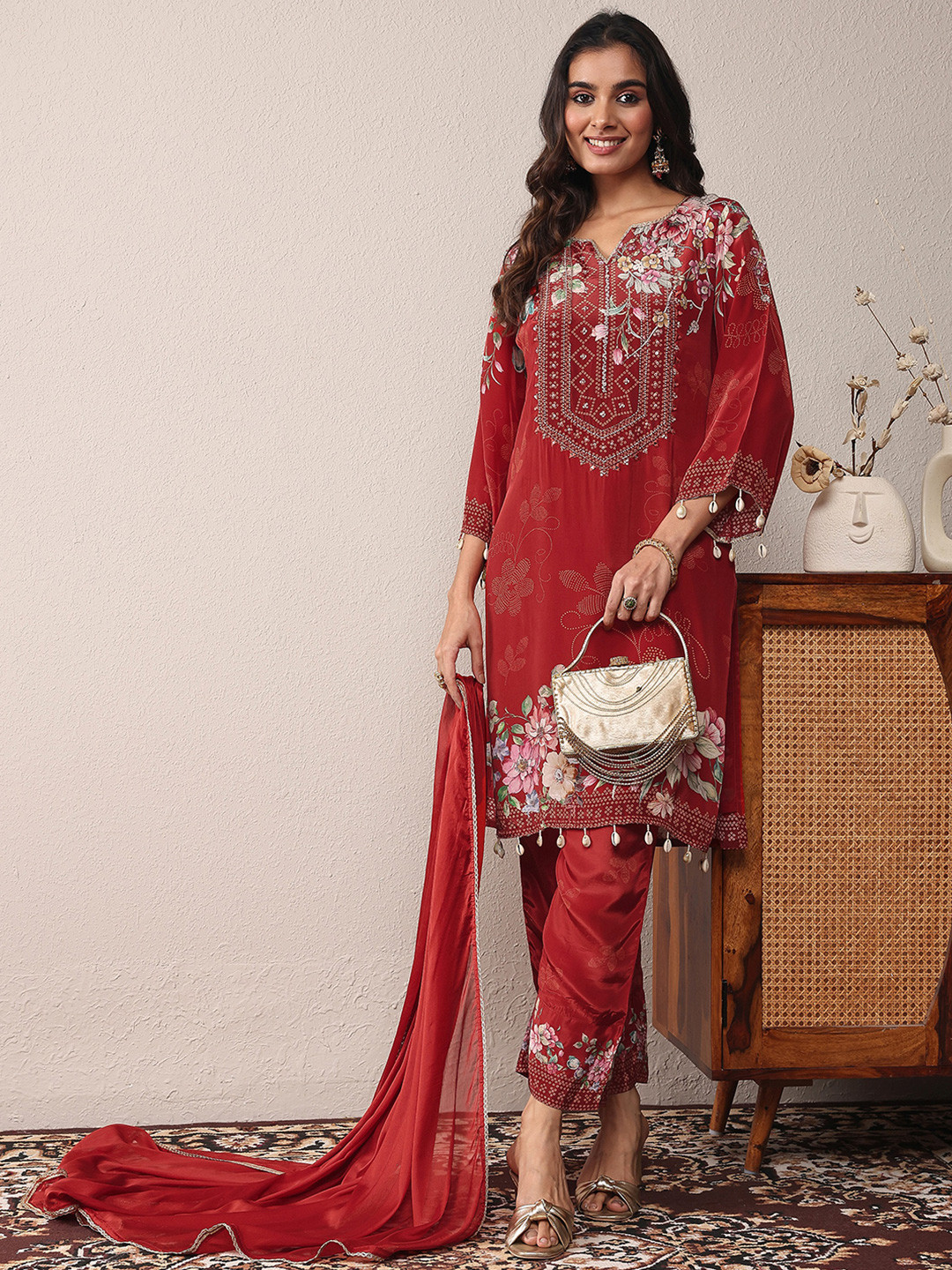 Libas Women Floral Printed Regular Thread Work Silk Crepe Kurta with Trousers & With Dupatta