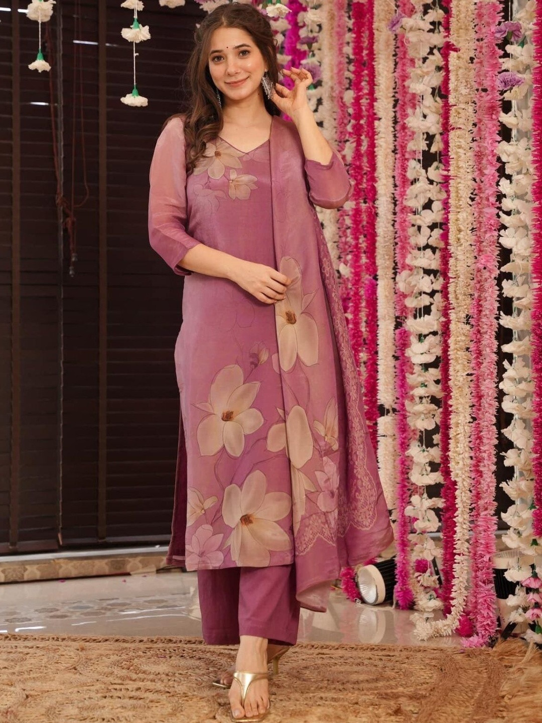 S.K.C Women Floral Printed Regular Silk Crepe Kurta with Trousers & With Dupatta