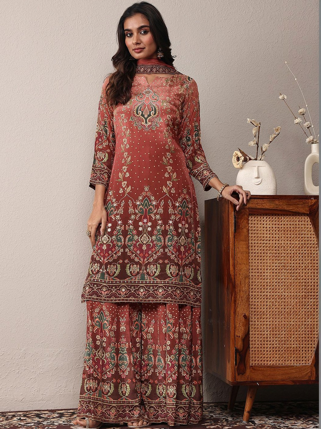 Libas Art Women Ethnic Motifs Printed Regular Silk Crepe Kurta with Sharara & With Dupatta