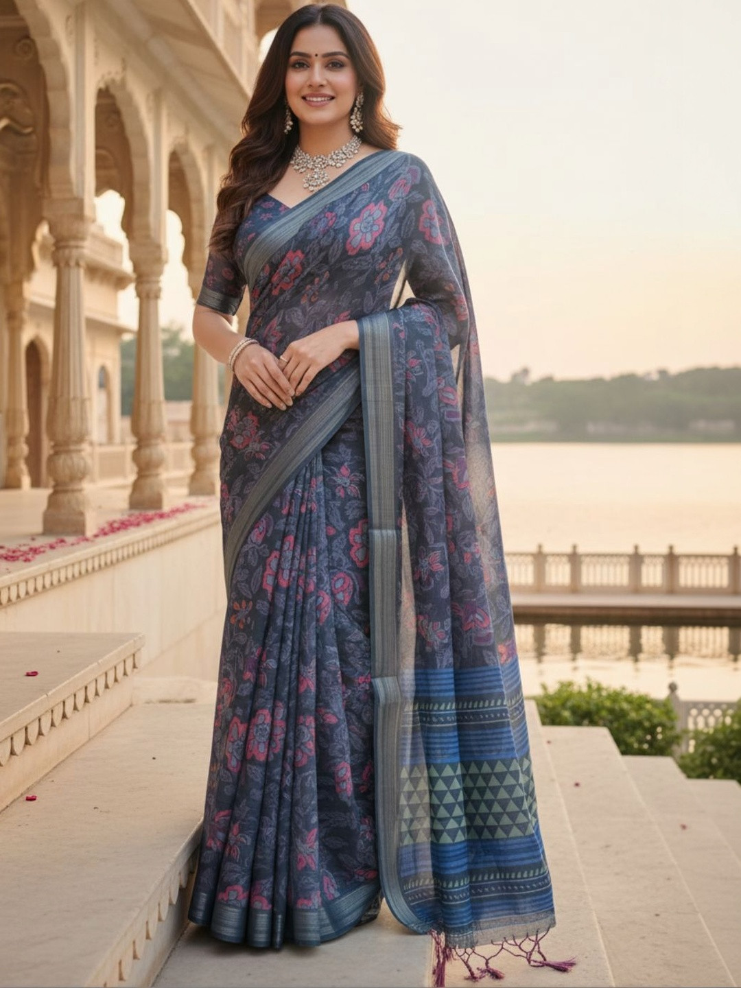 ZAMUNA Floral Linen Blend Bhagalpuri Saree