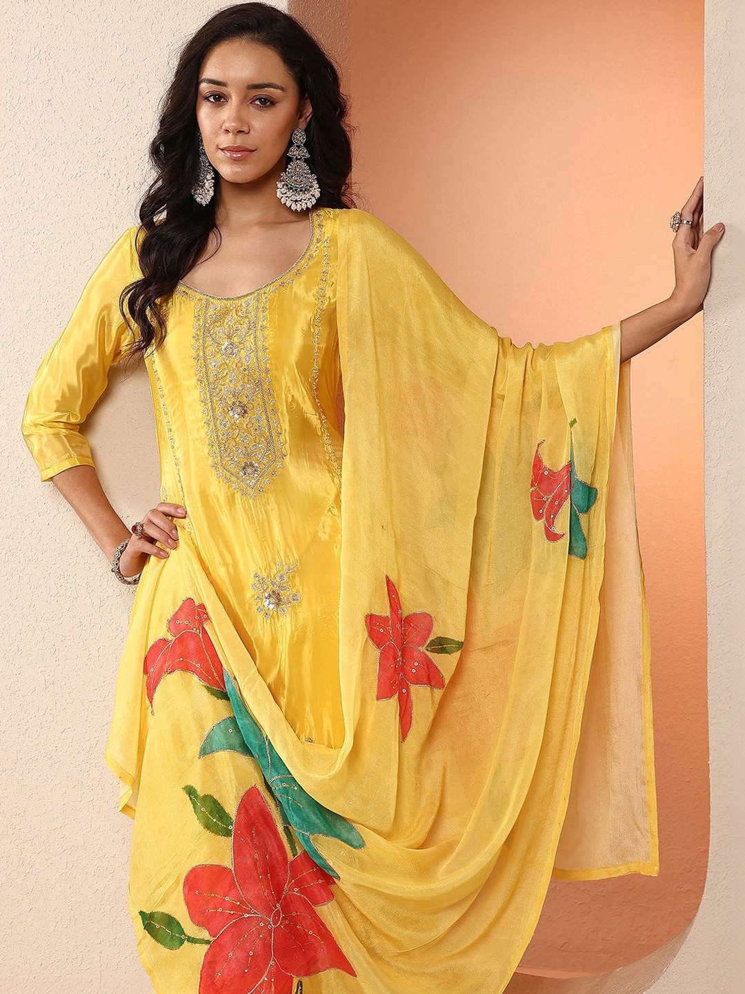 Libas Art Women Floral Embroidered Thread Work Silk Crepe Kurta with Patiala & Dupatta