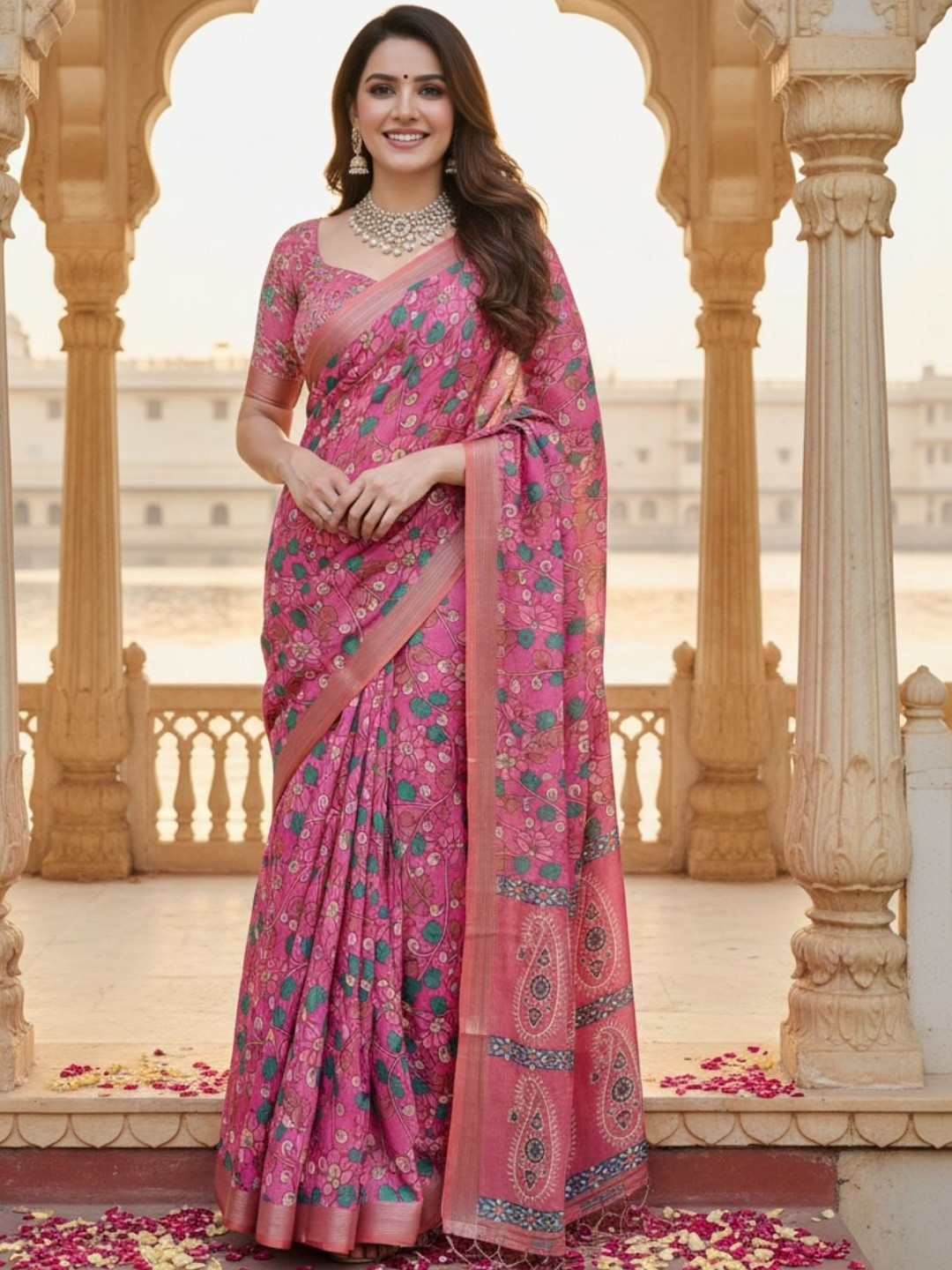 ZAMUNA Floral Linen Blend Bhagalpuri Saree