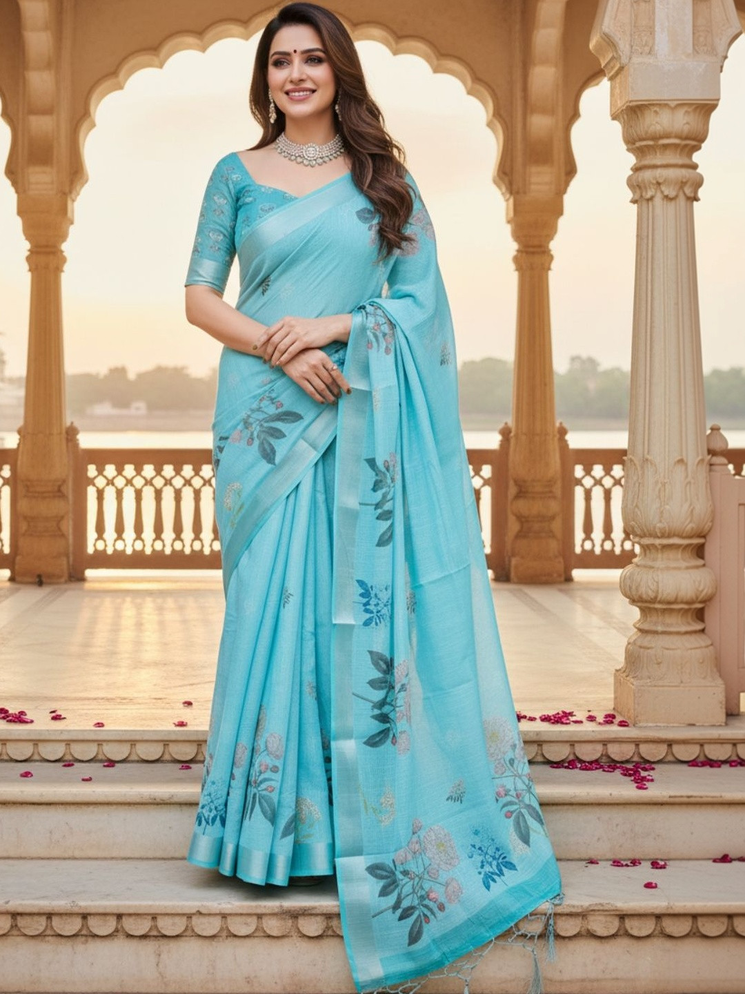 ZAMUNA Floral Linen Blend Bhagalpuri Saree