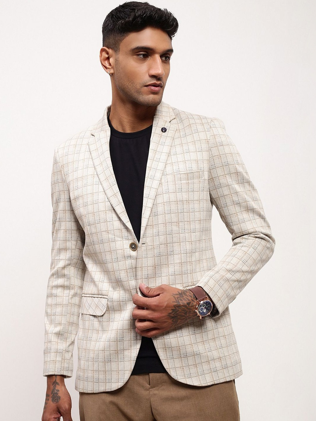 SHOWOFFFF Checked Slim-Fit Notched Lapel Single Breasted Blazer