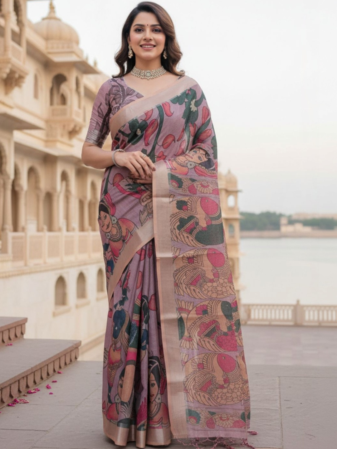 ZAMUNA Floral Linen Blend Bhagalpuri Saree