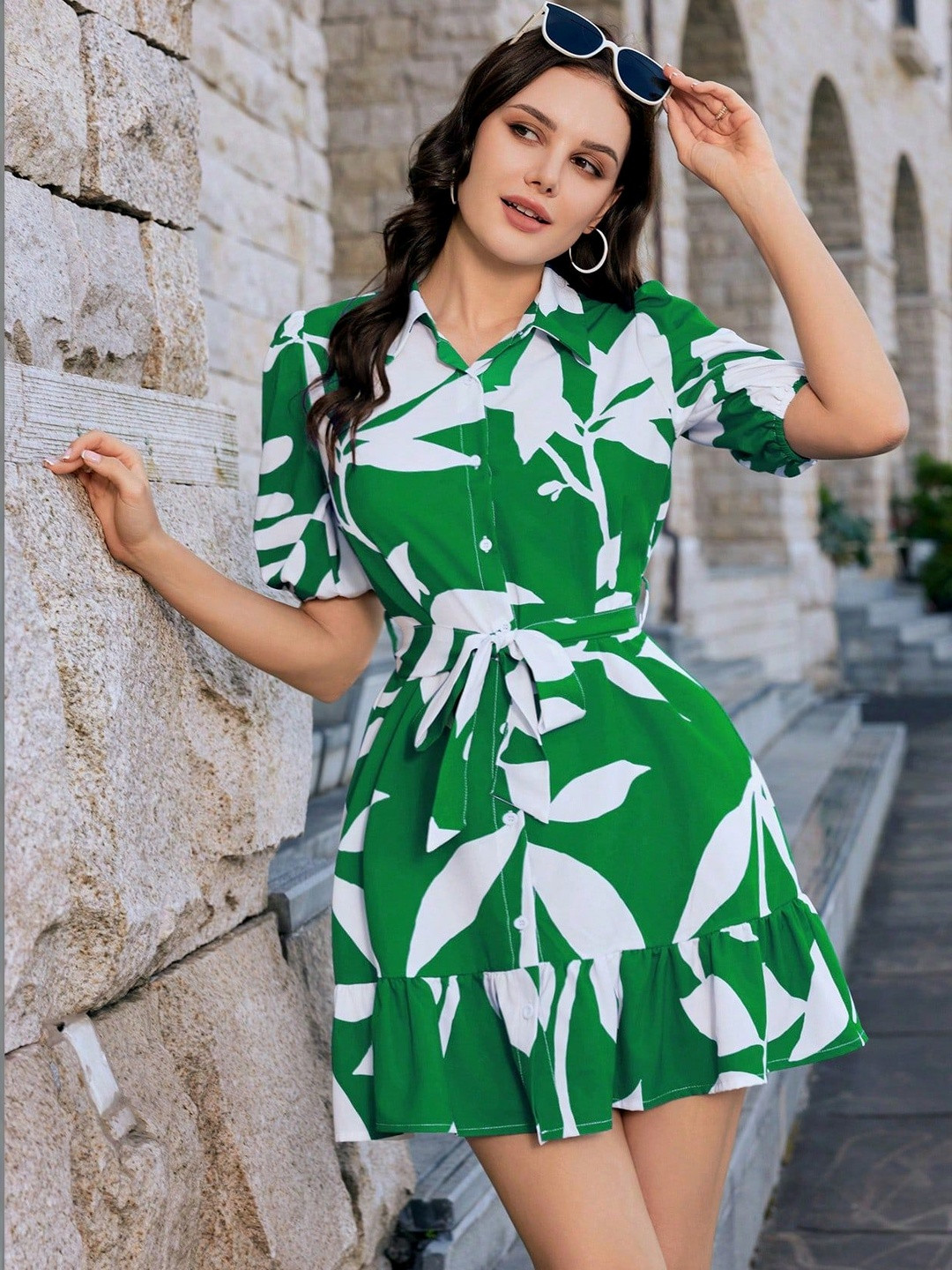 LERIYA FASHION Floral Print Puff Sleeve Ruffled Crepe Shirt Dress