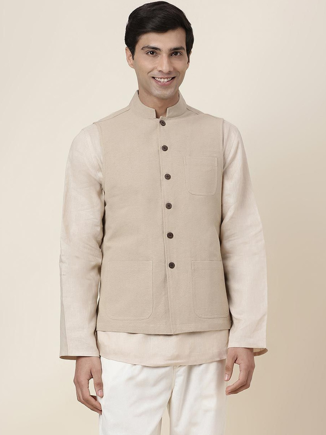 Fabindia Woven Design Pure Cotton Woven Nehru Jackets