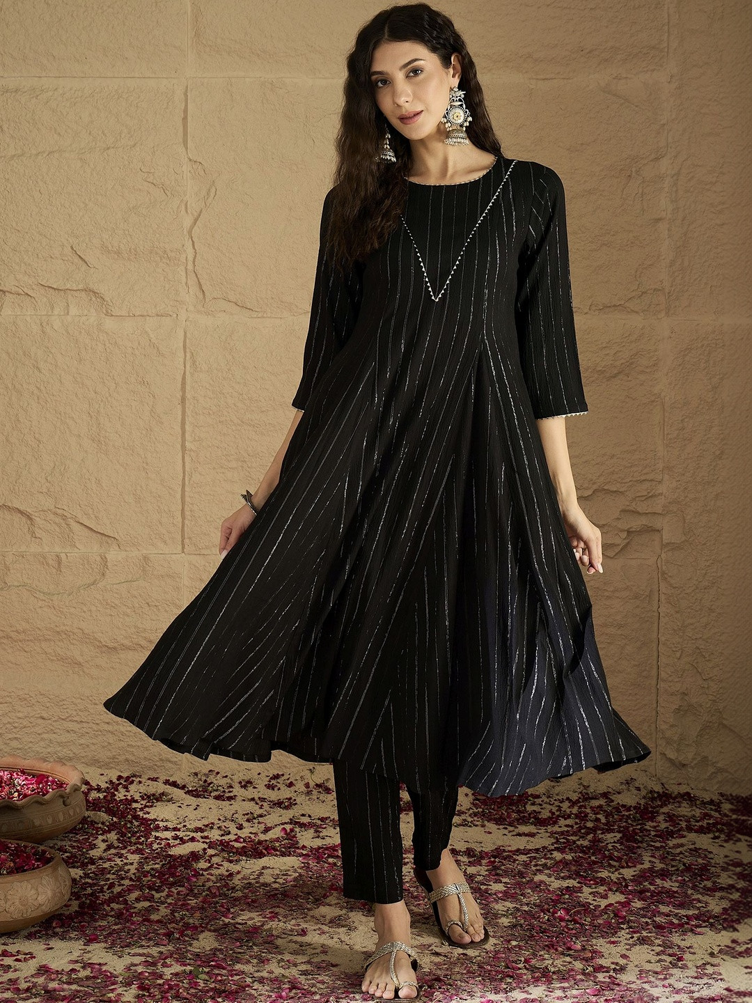 Mitera Women Striped Regular Silk Crepe Kurta with Trousers