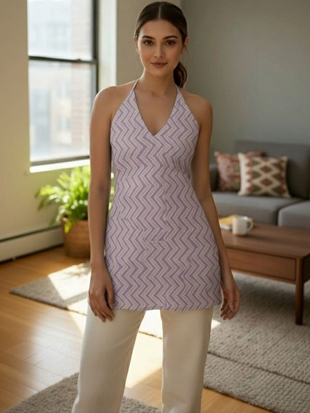 EthniFlair Geometric Printed Halter Neck Pure Cotton Kurti