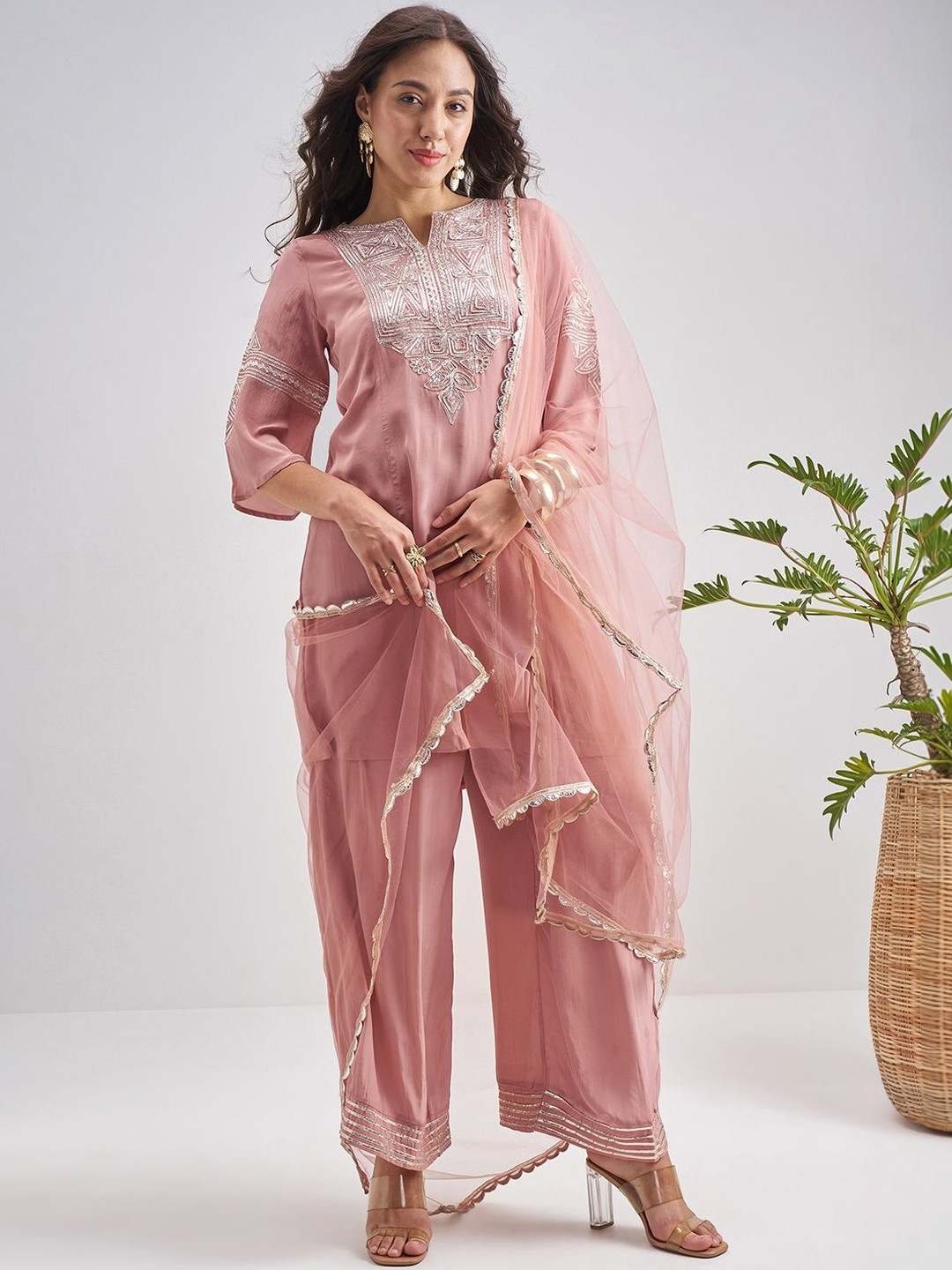 Vishudh Women Ethnic Motifs Embroidered Regular Thread Work Kurta with Palazzos & With Dupatta