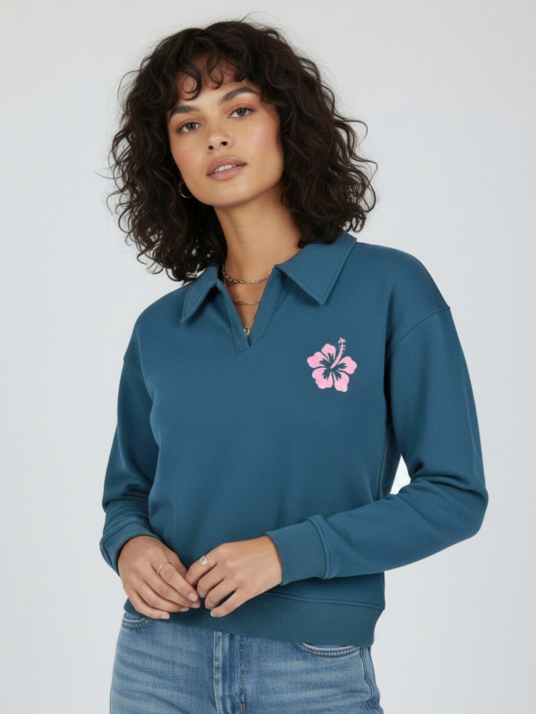 glitchez Floral Print Detail Shirt Collar Sweatshirt