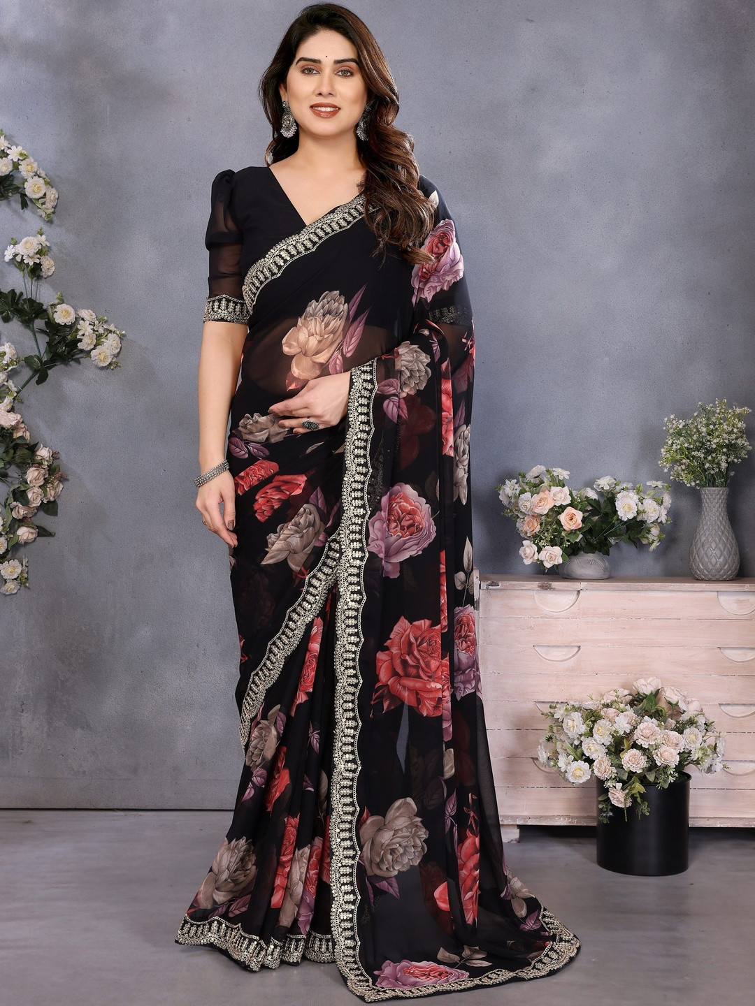 Moda Rapido Floral Embroidered Pure Georgette Saree