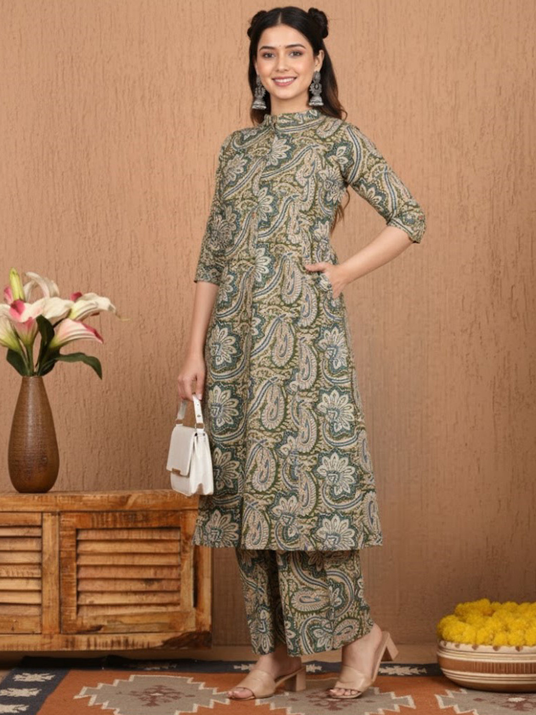 KALINI Floral Printed Mandarin Collar A Line Pure Cotton Kurta With Palazzos