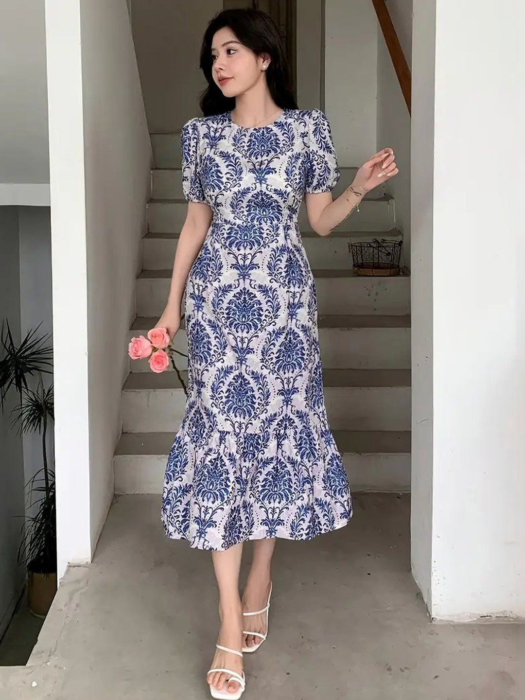 SZN Print Puff Sleeve Crepe Sheath Midi Dress