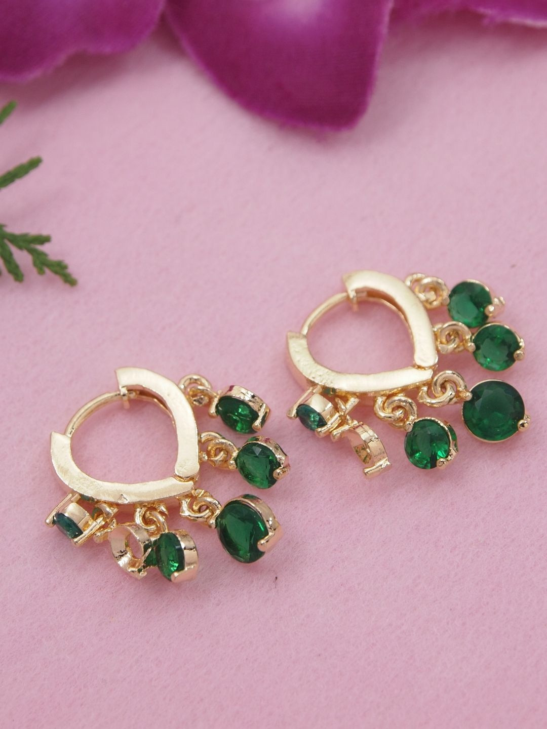 I Jewels Gold Plated Green Stone Studded Hoop Earrings