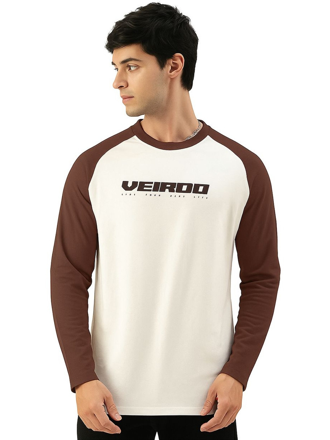 VEIRDO Typography Pure Cotton Round Neck Long Sleeves T-shirt