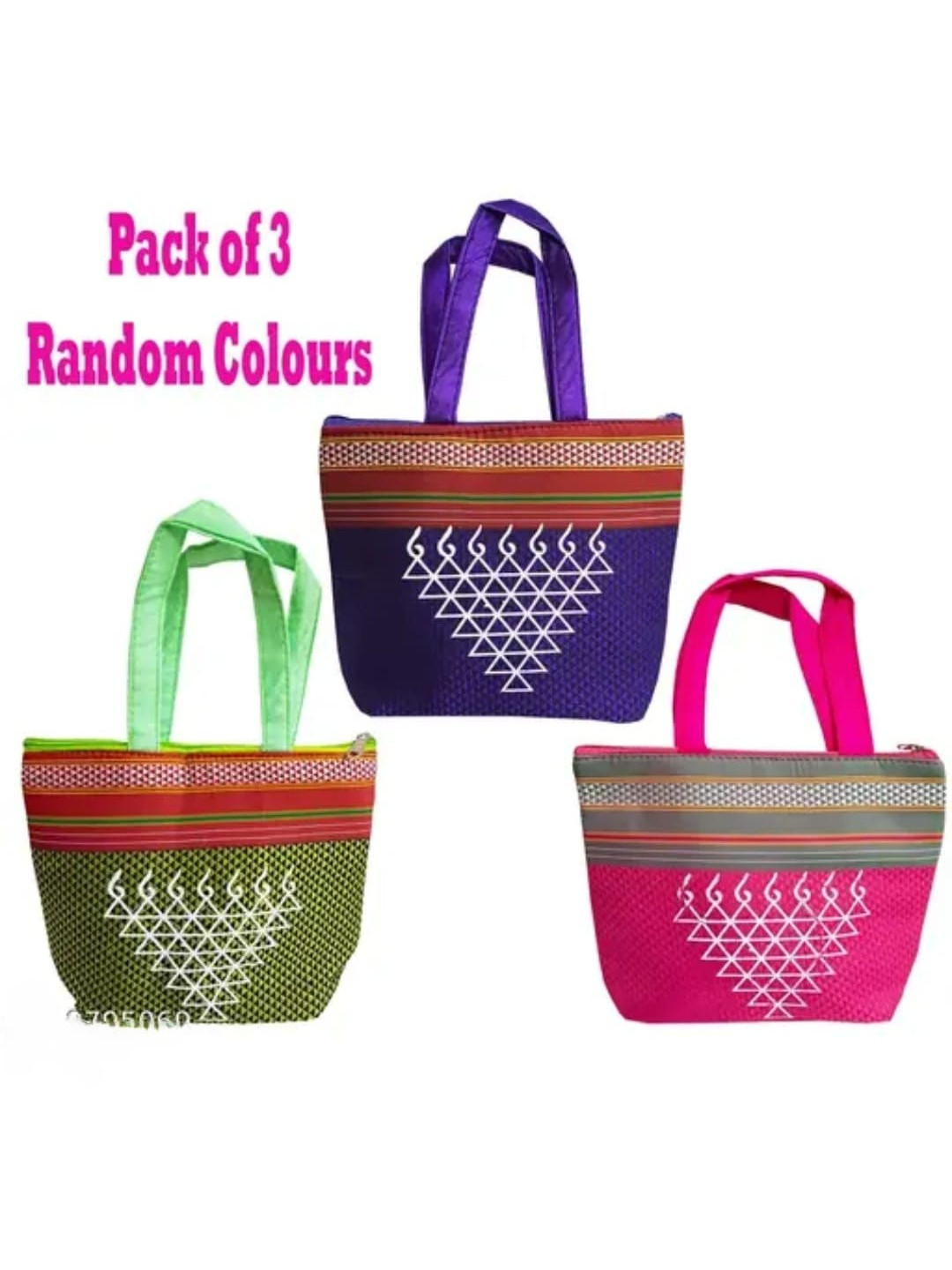 KUJRA Set Of 3 Ethnic Motifs Patchwork Canvas Water Resistant Small Structured Tote Bag