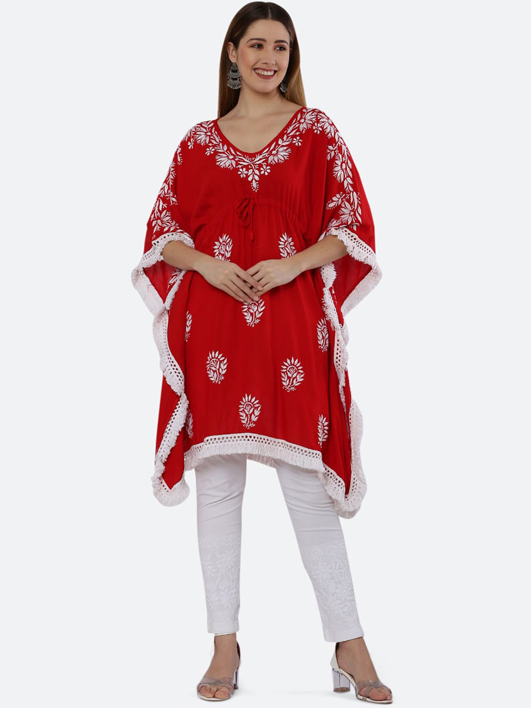 FAWOMENT Women Red Ethnic Motifs Printed Chikankari Kaftan Kurta
