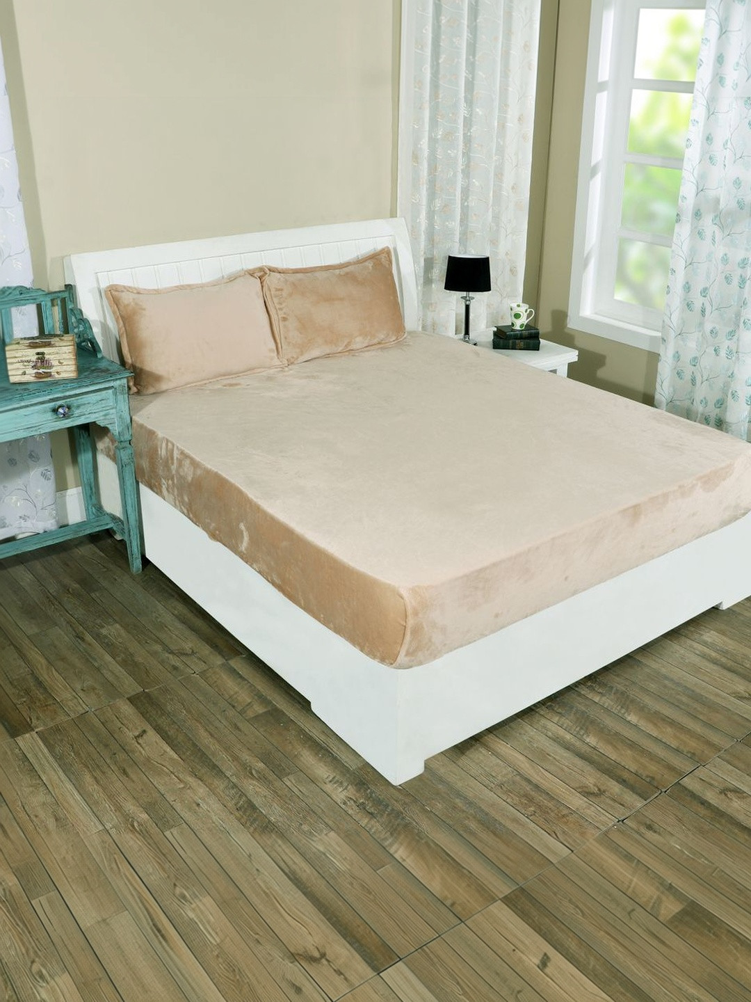 RD TREND Beige 300 TC Woolen Fitted King Bedsheet With 2 Pillow Covers 78x72x8 inch