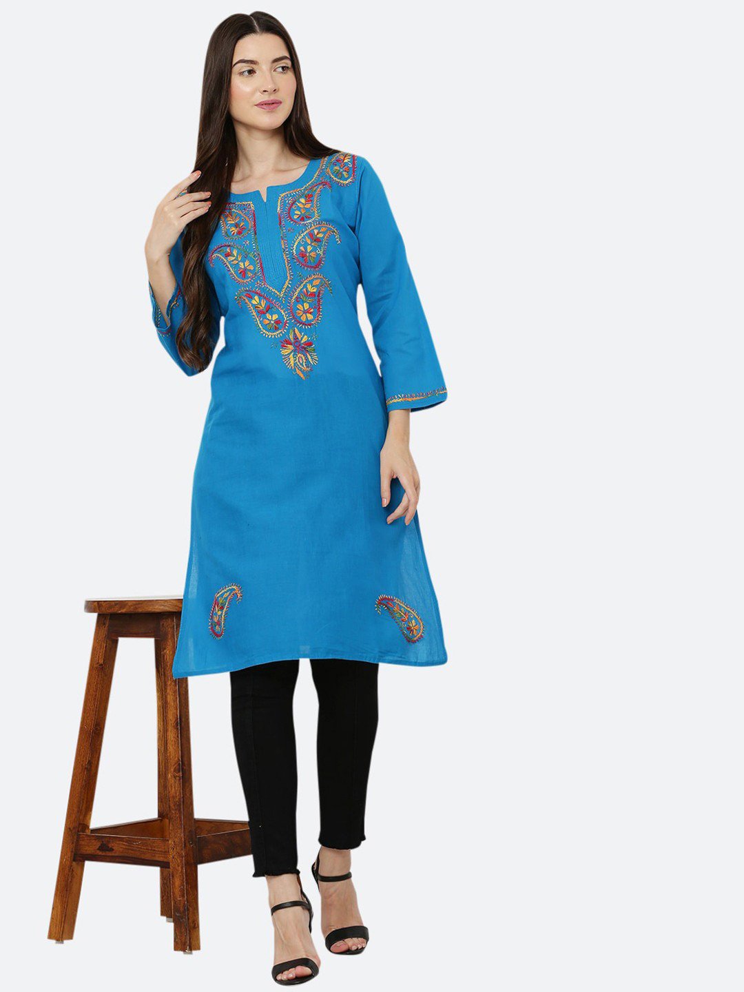 FAWOMENT Women Blue Paisley Embroidered Thread Work Cotton Kurta