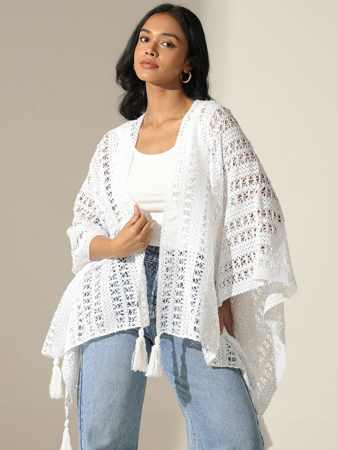 SHOWOFFFF Self-Design Long Sleeves Open Front Acrylic Poncho Shrug