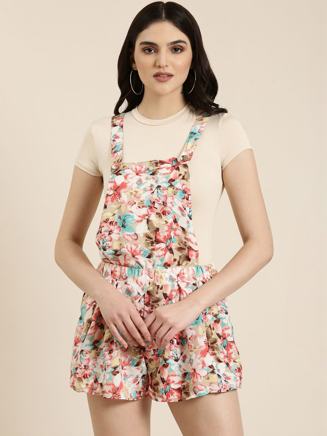 SHOWOFFFF Floral Printed Flared Fit Cotton Dungarees With T-shirt