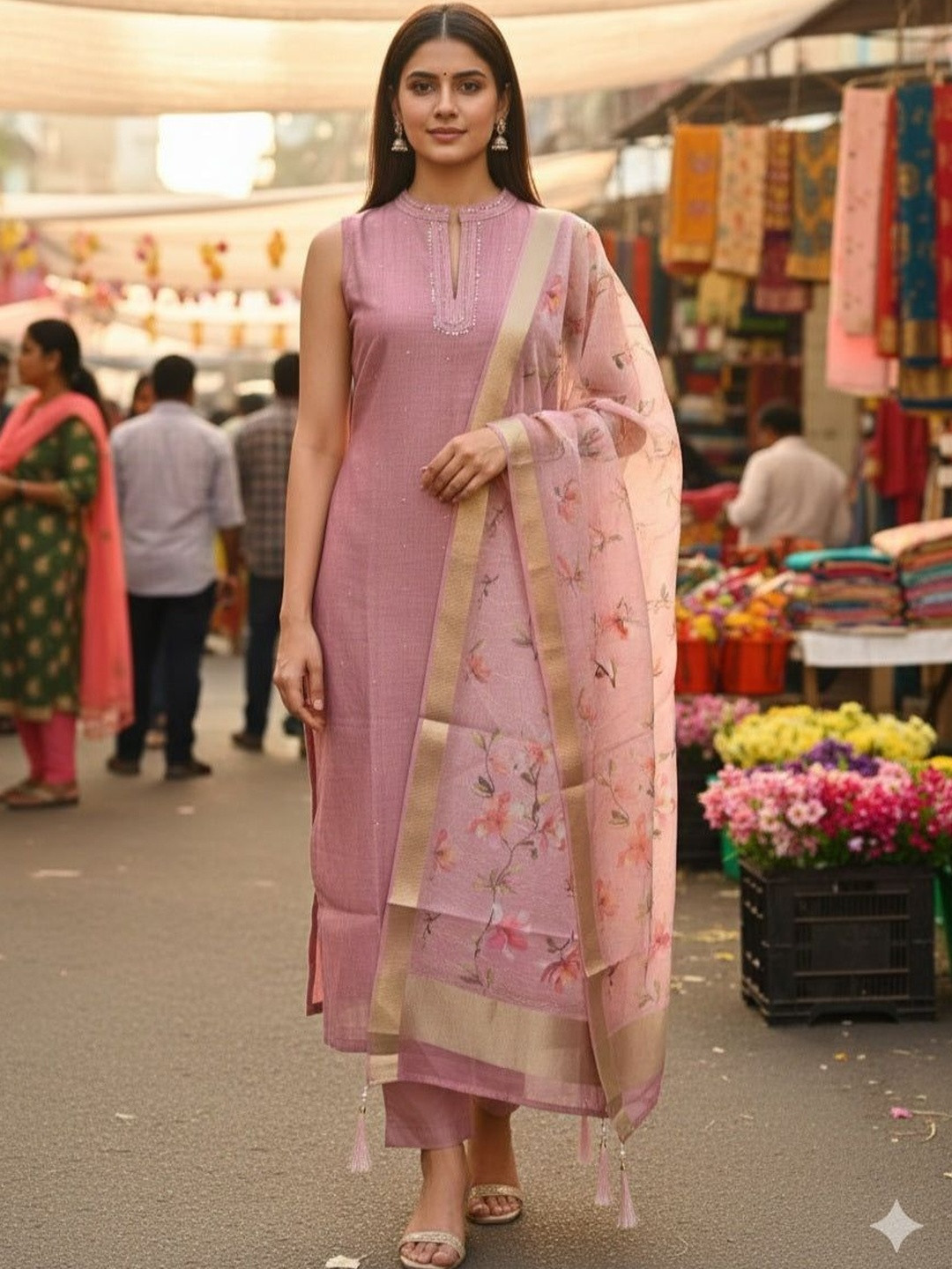 Geetha Creation Women Floral Regular Thread Work Kurta with Trousers & With Dupatta