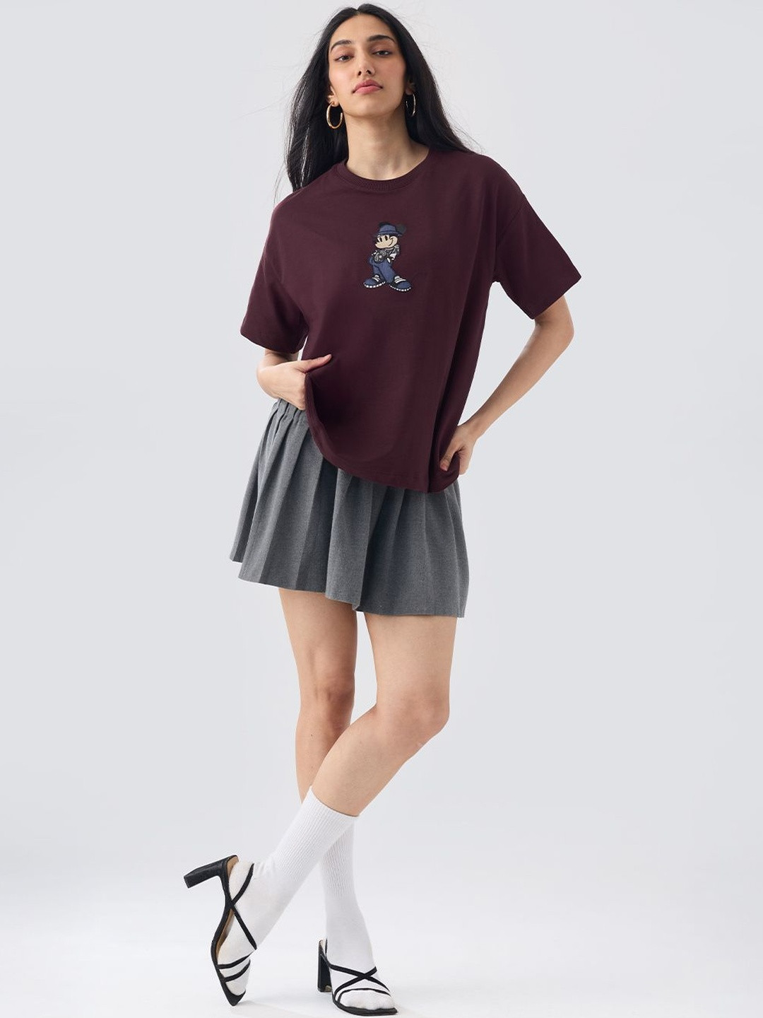 The Souled Store Women Oversized Mickey Mouse Maroon Tshirts