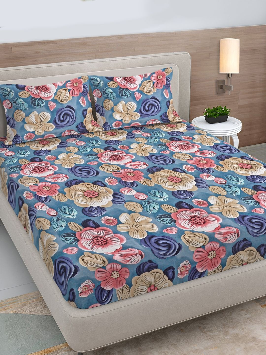 FABINALIV Blue Floral 300 TC King Size Fitted 7D Bedsheet & 2 Pillow Covers