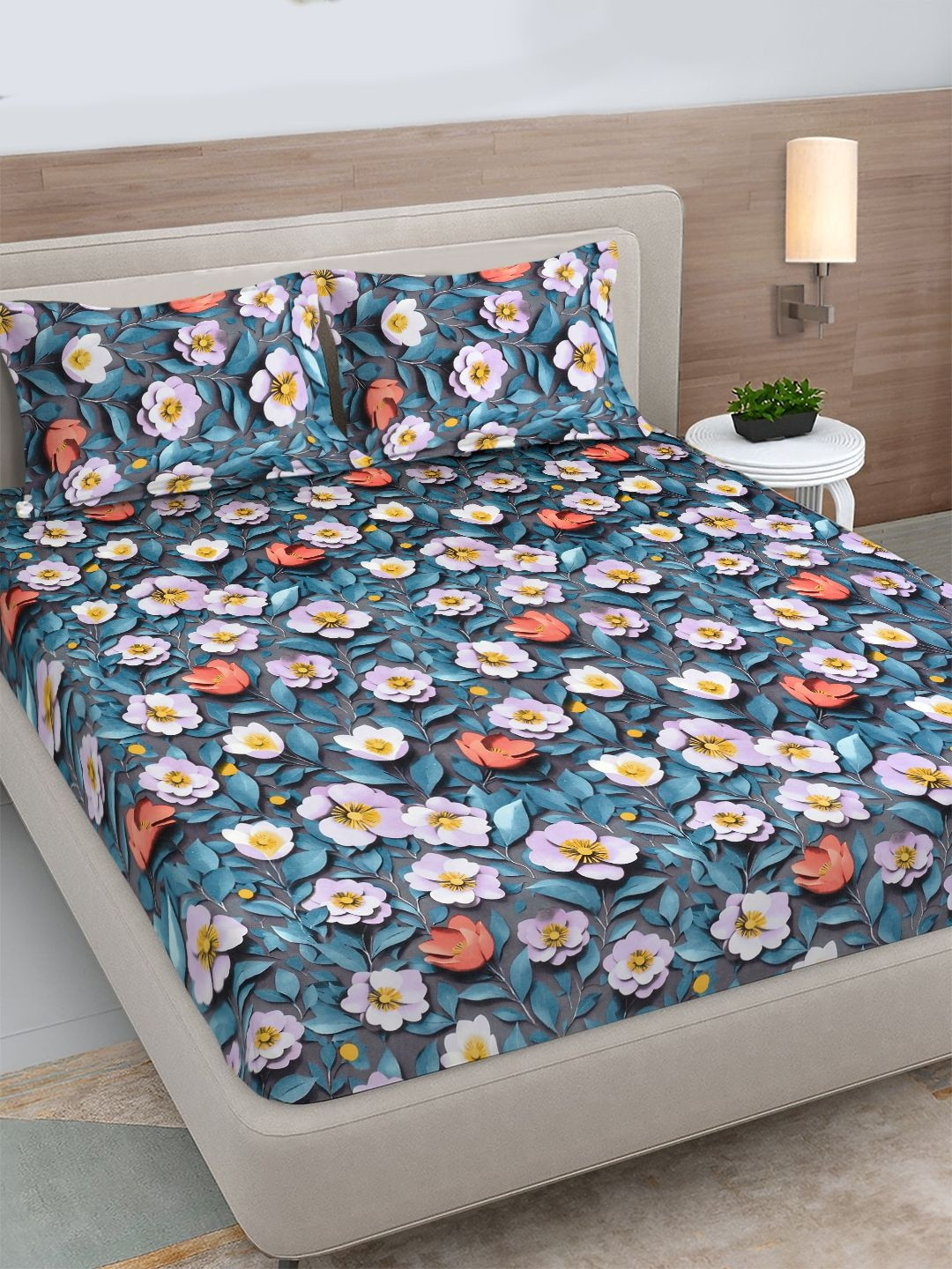 FABINALIV Blue Floral 300 TC King Size Fitted 7D Bedsheet & 2 Pillow Covers