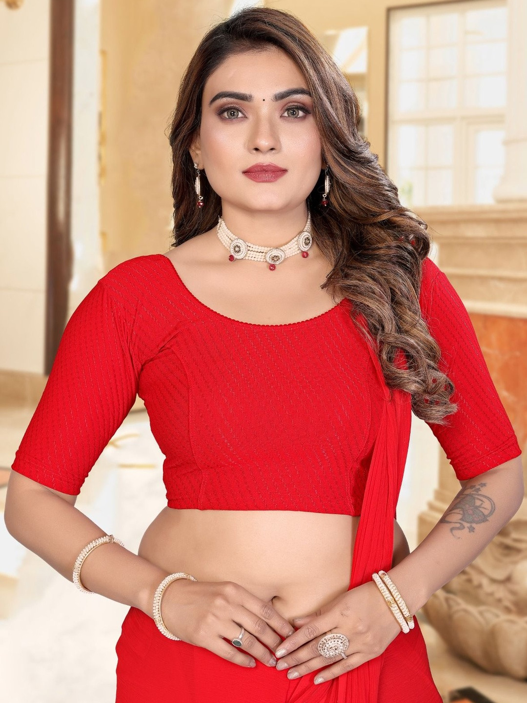 B.TEX FASHION Embellished Round Neck Saree Blouse
