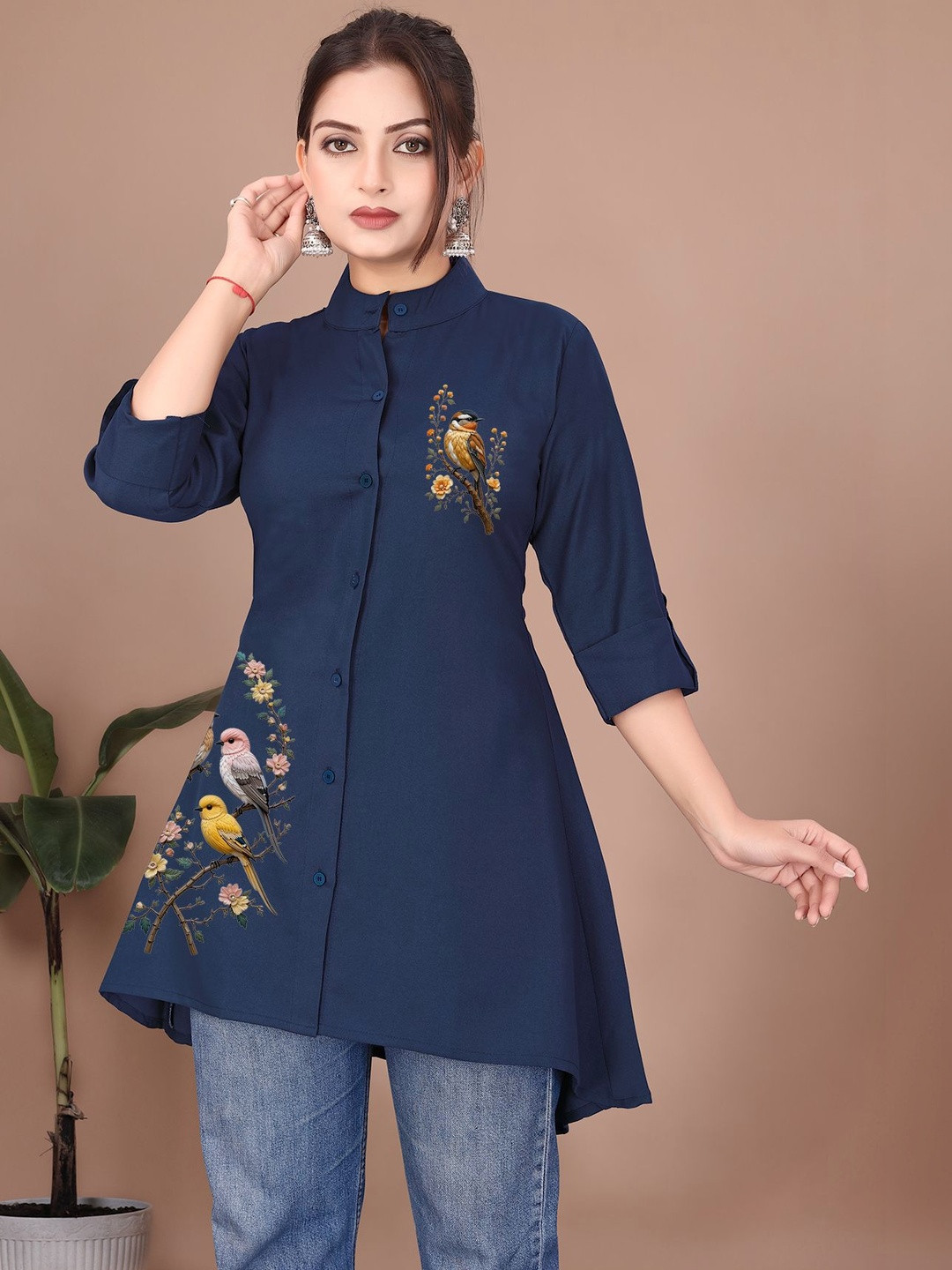 SHREEZON Mandarin Collar Embroidered Ethnic Tunic