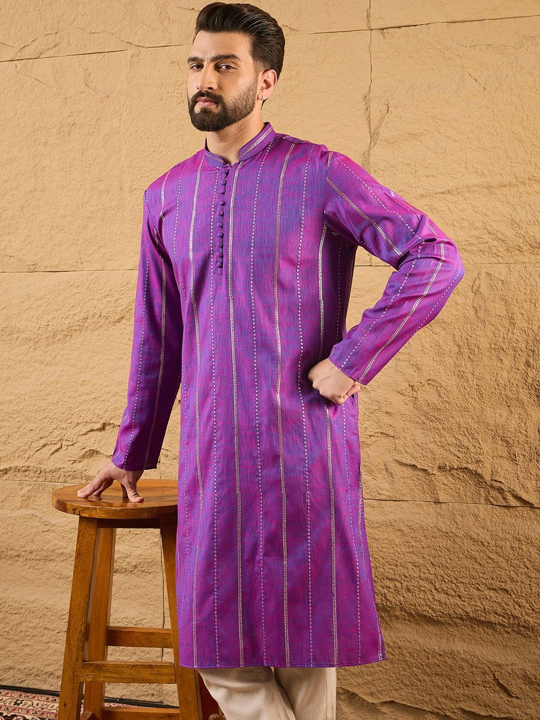 Ethnic Bay Men Striped Regular Pure Cotton Kurta with Trousers