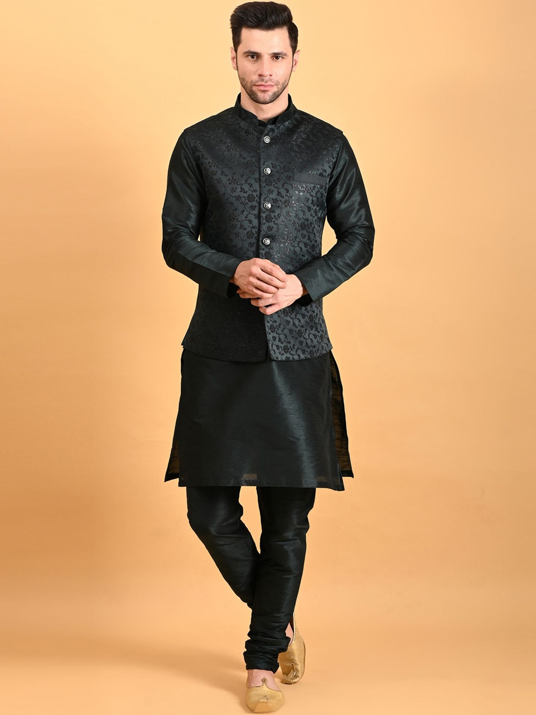 Uri and MacKenzie Flower Work Dupion Silk Kurta with Pyjamas & Nehru Jacket