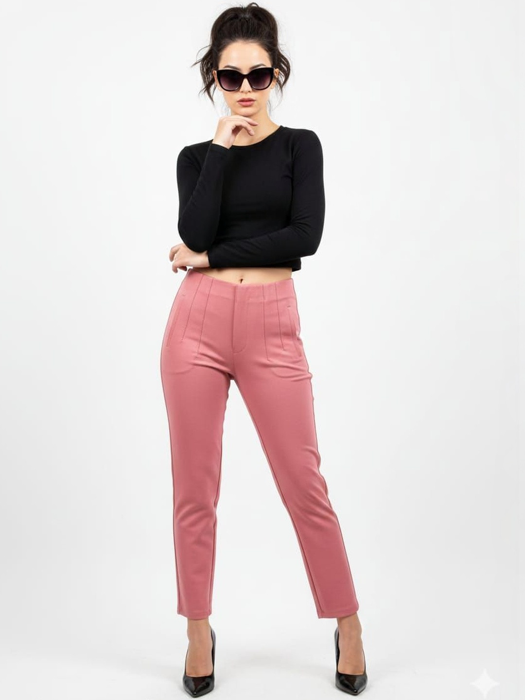 HIGH BUY Women Tailored Slim Fit High-Rise Pleated Trousers