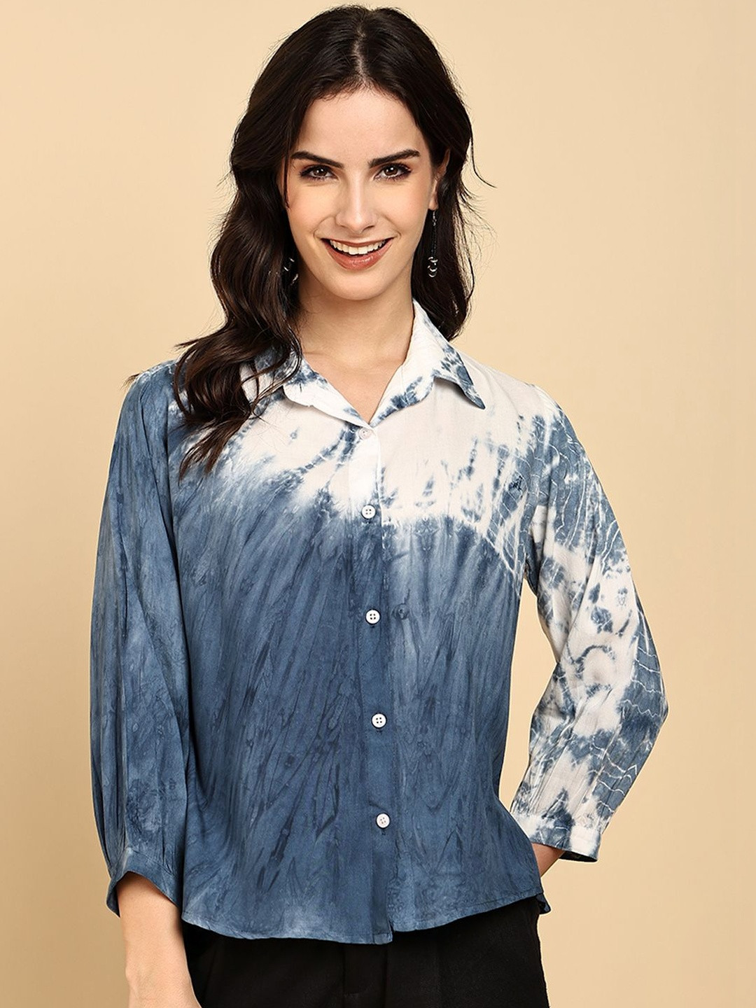 Maaesa Rayon Staple Tie And Dye Viscose Long Sleeves Relaxed Fit Shirt