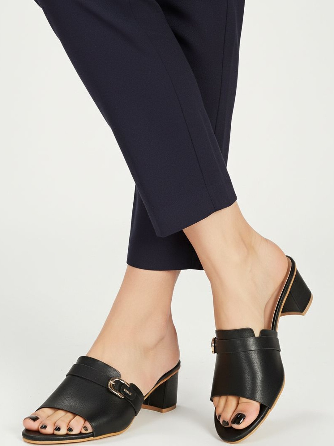 LYDC Women Black PU Block Heel Mules with Buckle Detail
