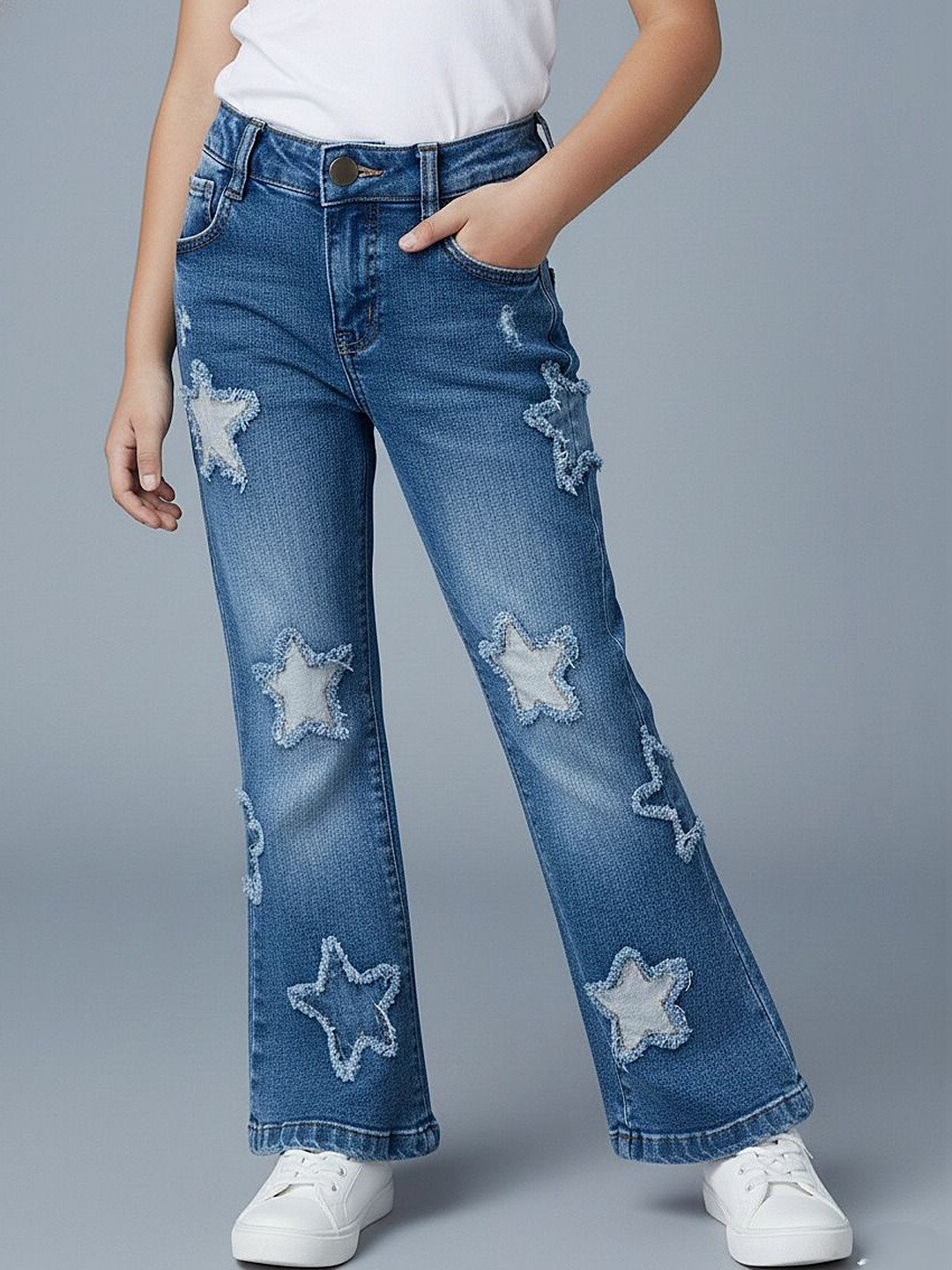 YK Girls Flared Low-Rise Mildly Distressed Light Fade Stretchable Jeans