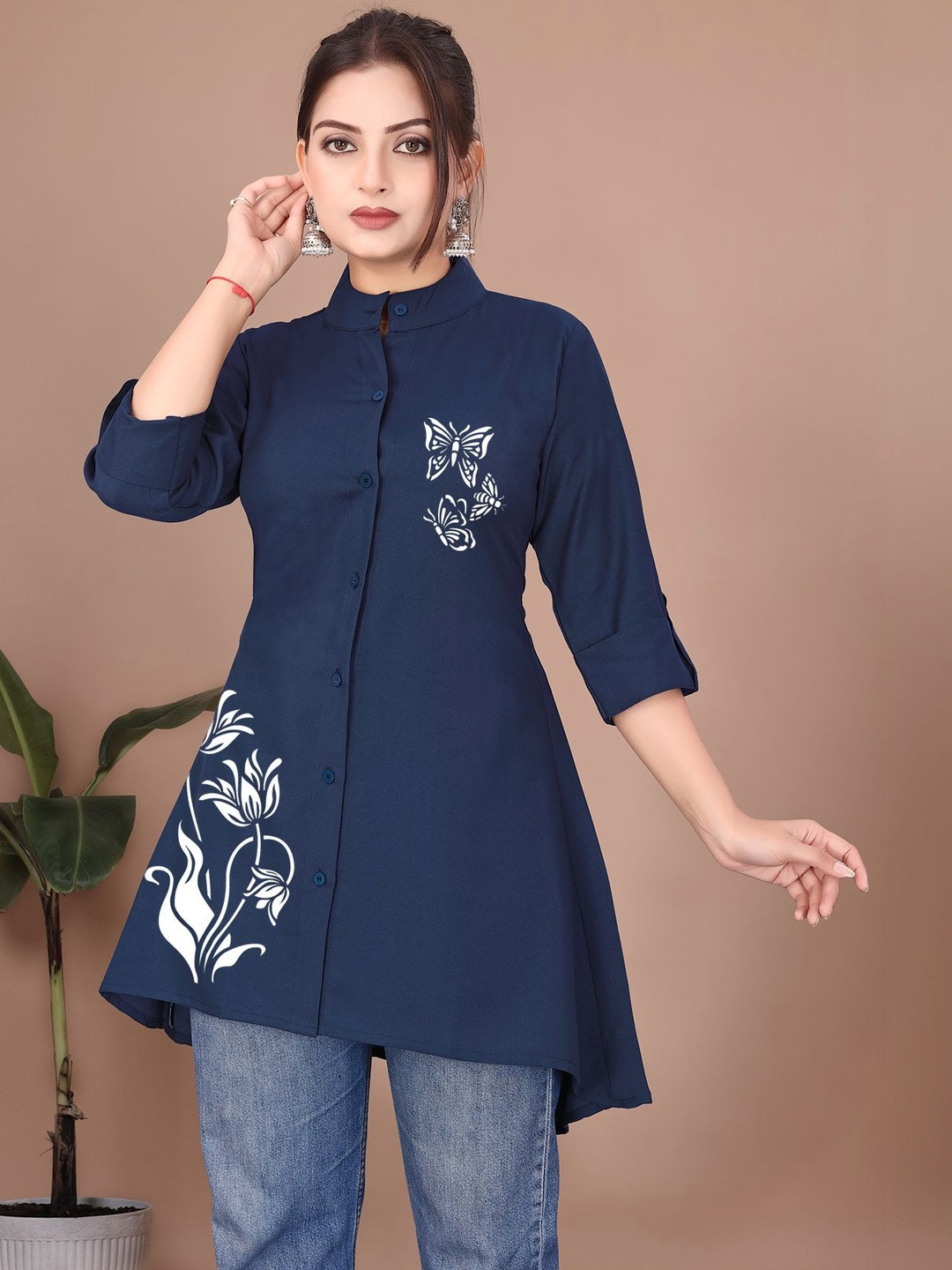 SHREEZON Shirt Collar Printed Ethnic Tunic