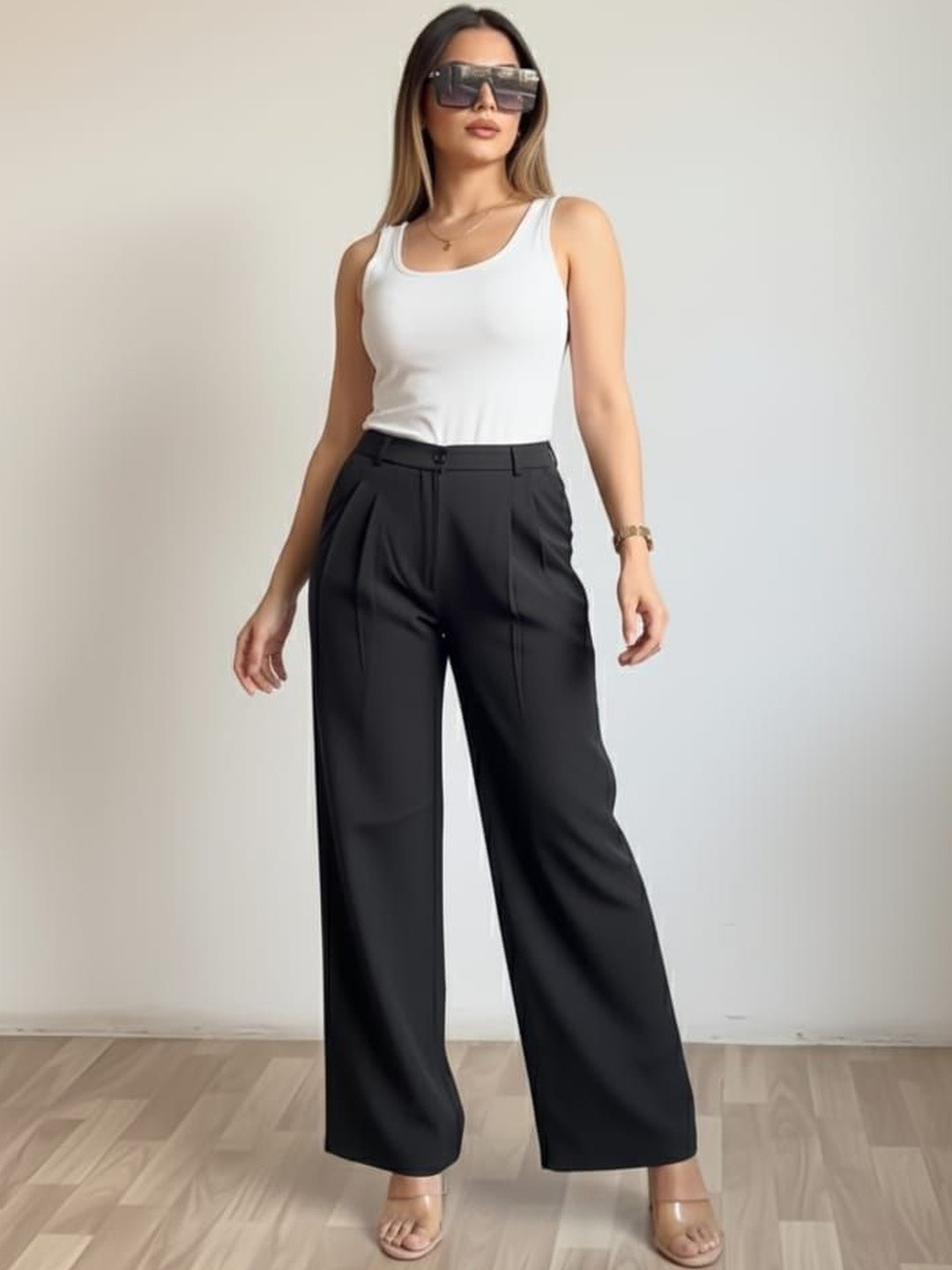 HIGH BUY Women Tailored Loose Fit High-Rise Pleated Trousers