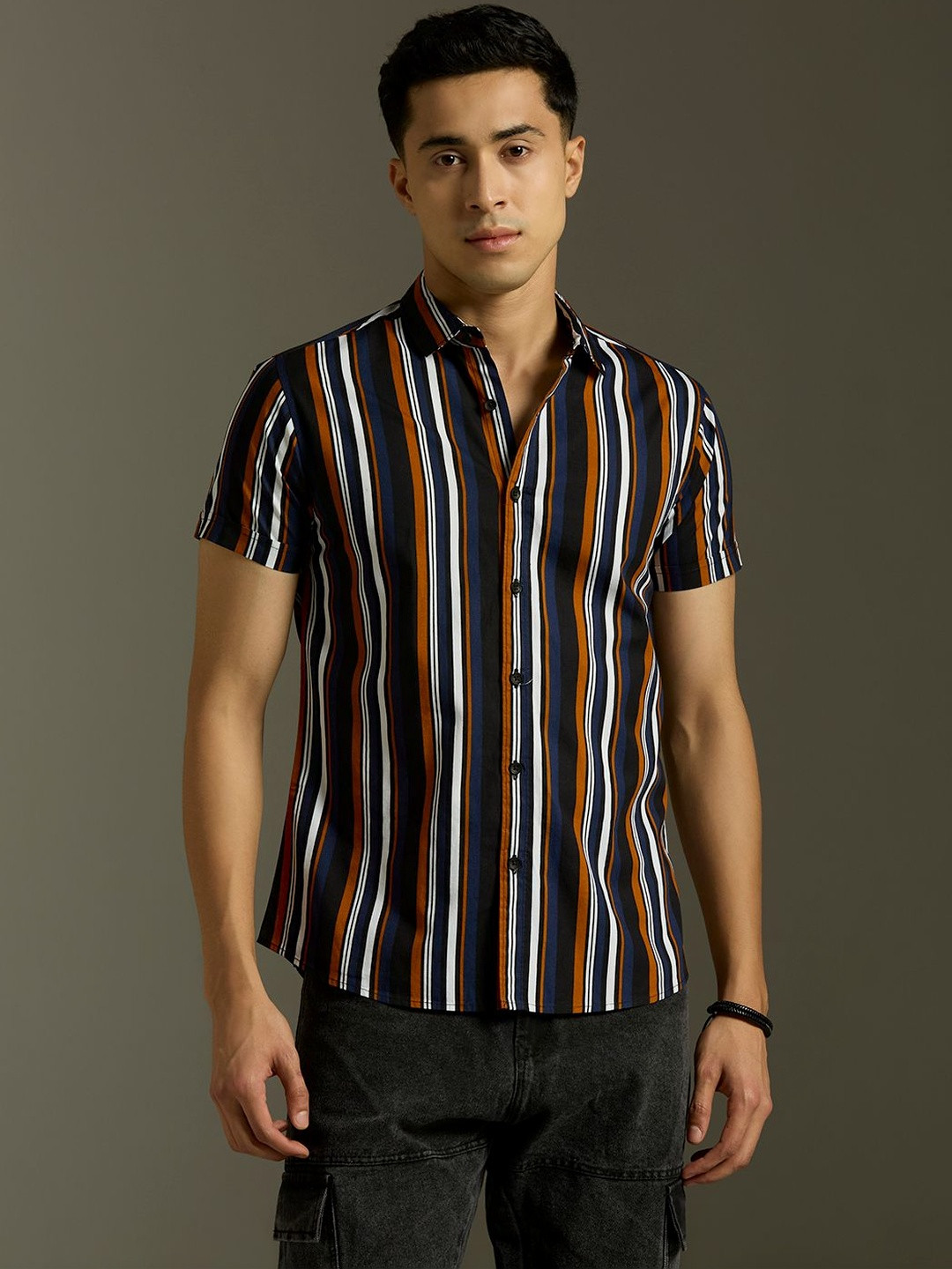 The Roadster Lifestyle Co Striped Pure Cotton Spread Collar Shirt