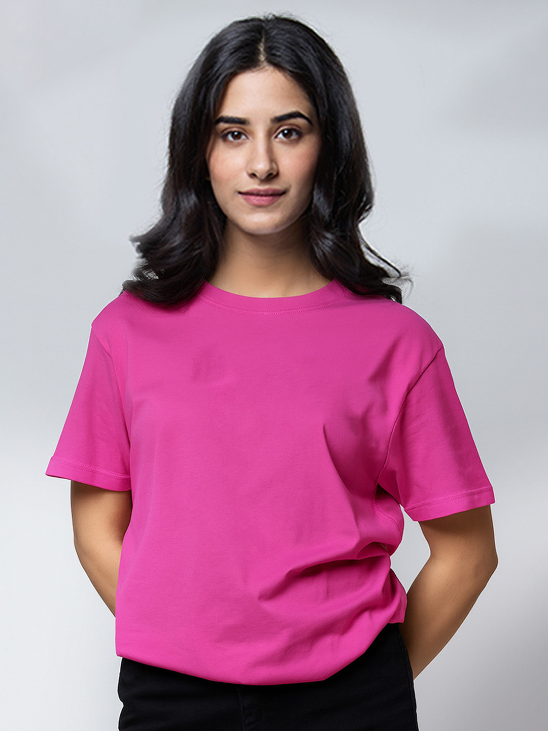 DKY Women Solid Round Neck Cotton T-shirt