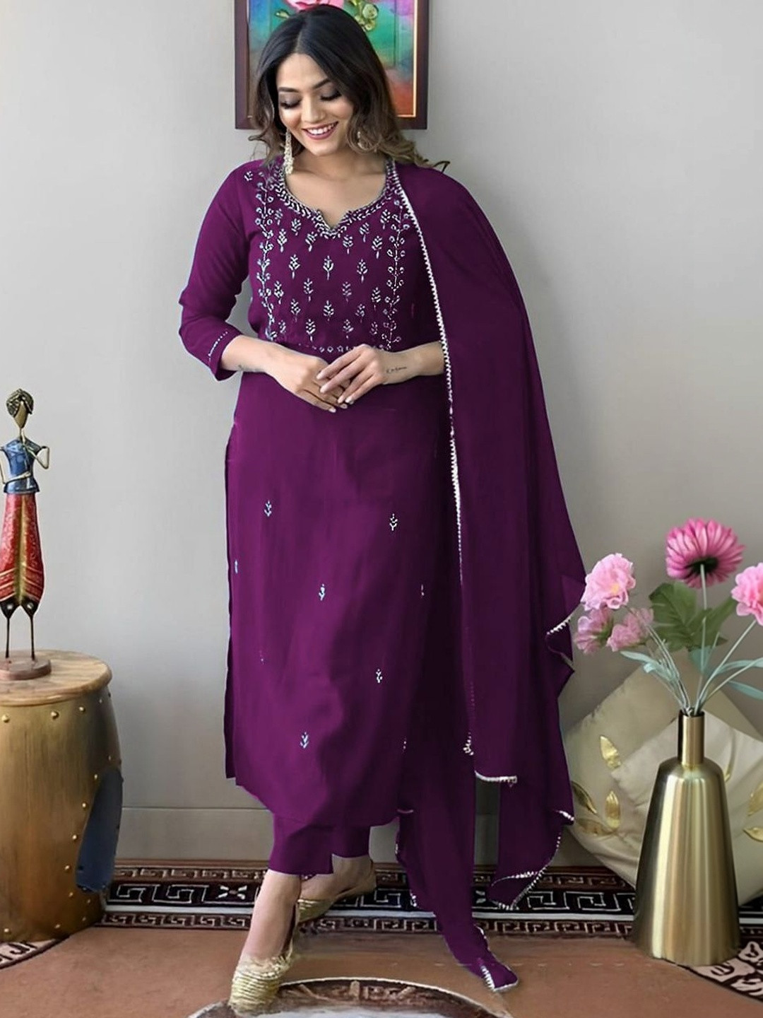 KRIVANSH STORE Ethnic Motifs Embroidered V-Neck Thread Work Thread Work Kurti