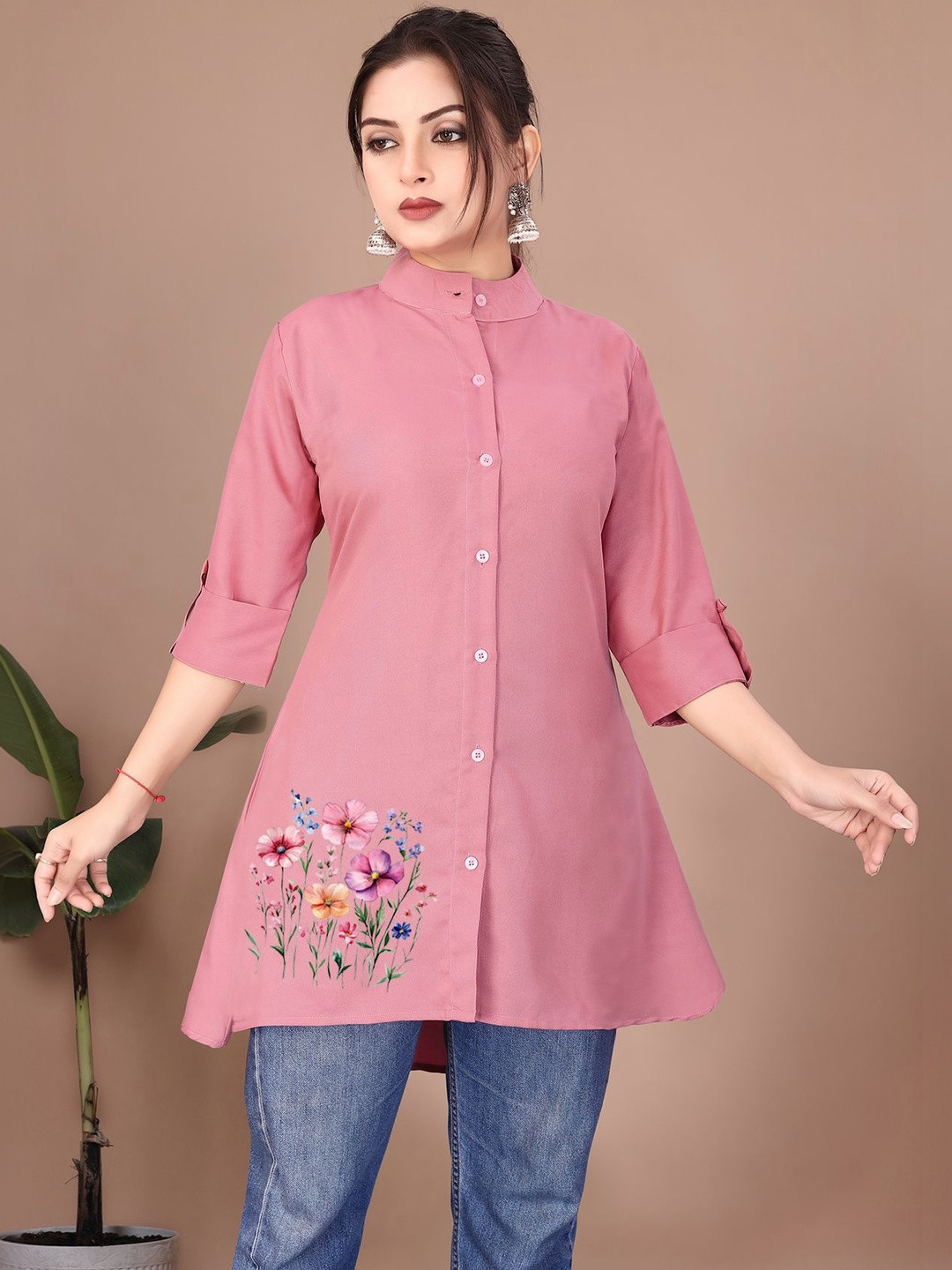 SHREEZON Mandarin Collar Embroidered Tunic