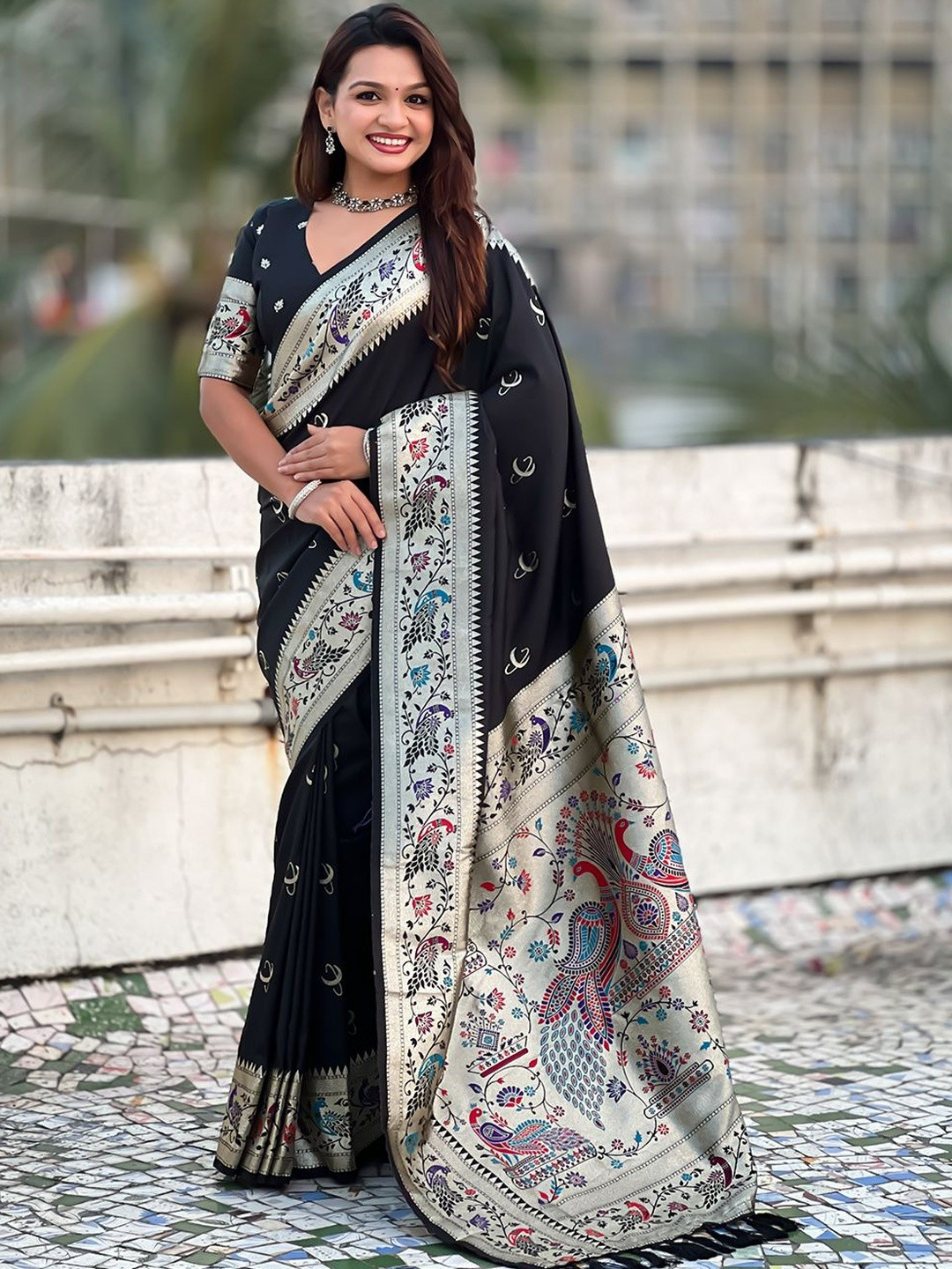 ELITE WEAVES Shivani Black Ethnic Motifs Zari Handloom Paithani Silk Blend Saree