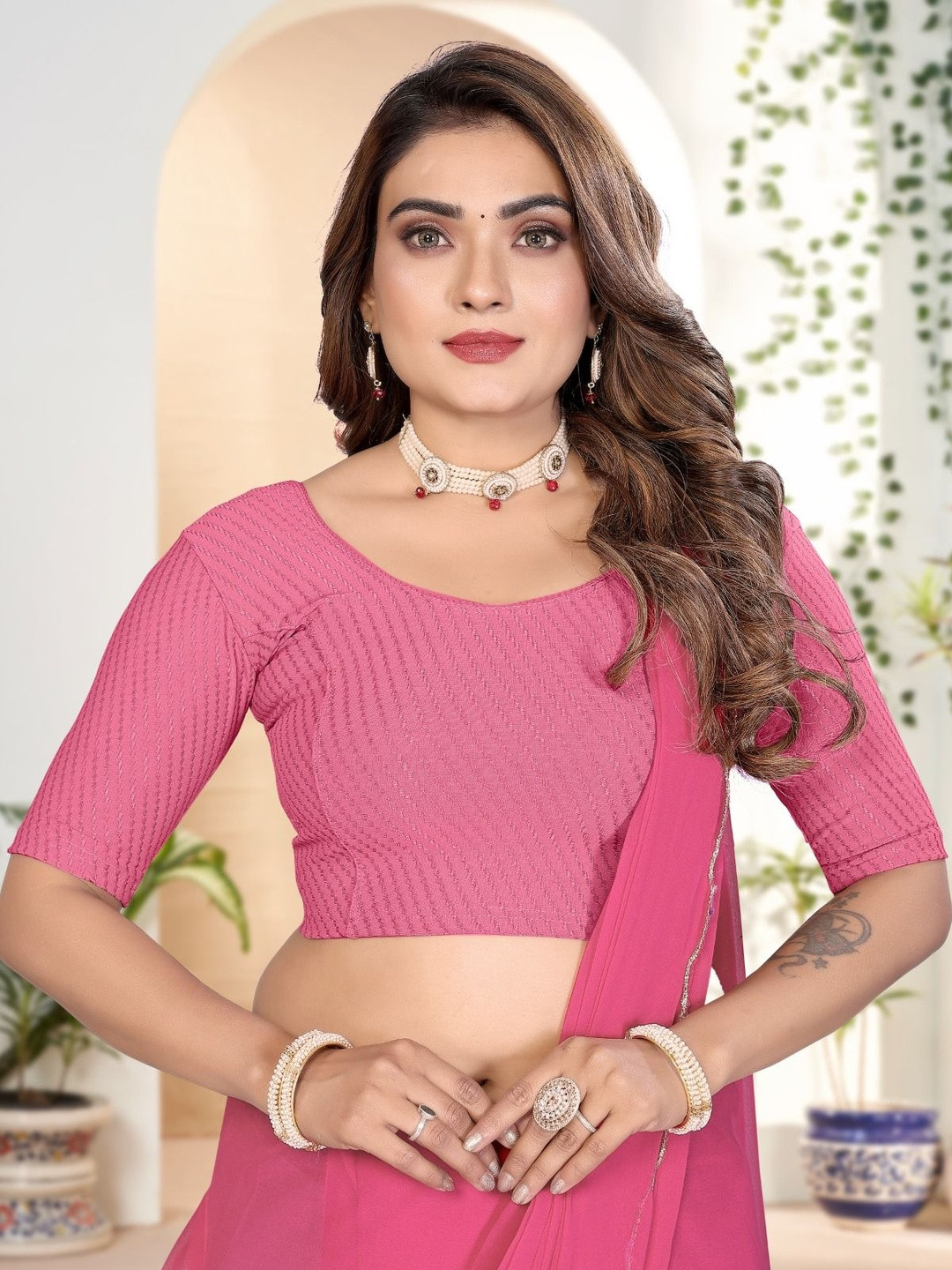 B.TEX FASHION Embellished Round Neck Saree Blouse
