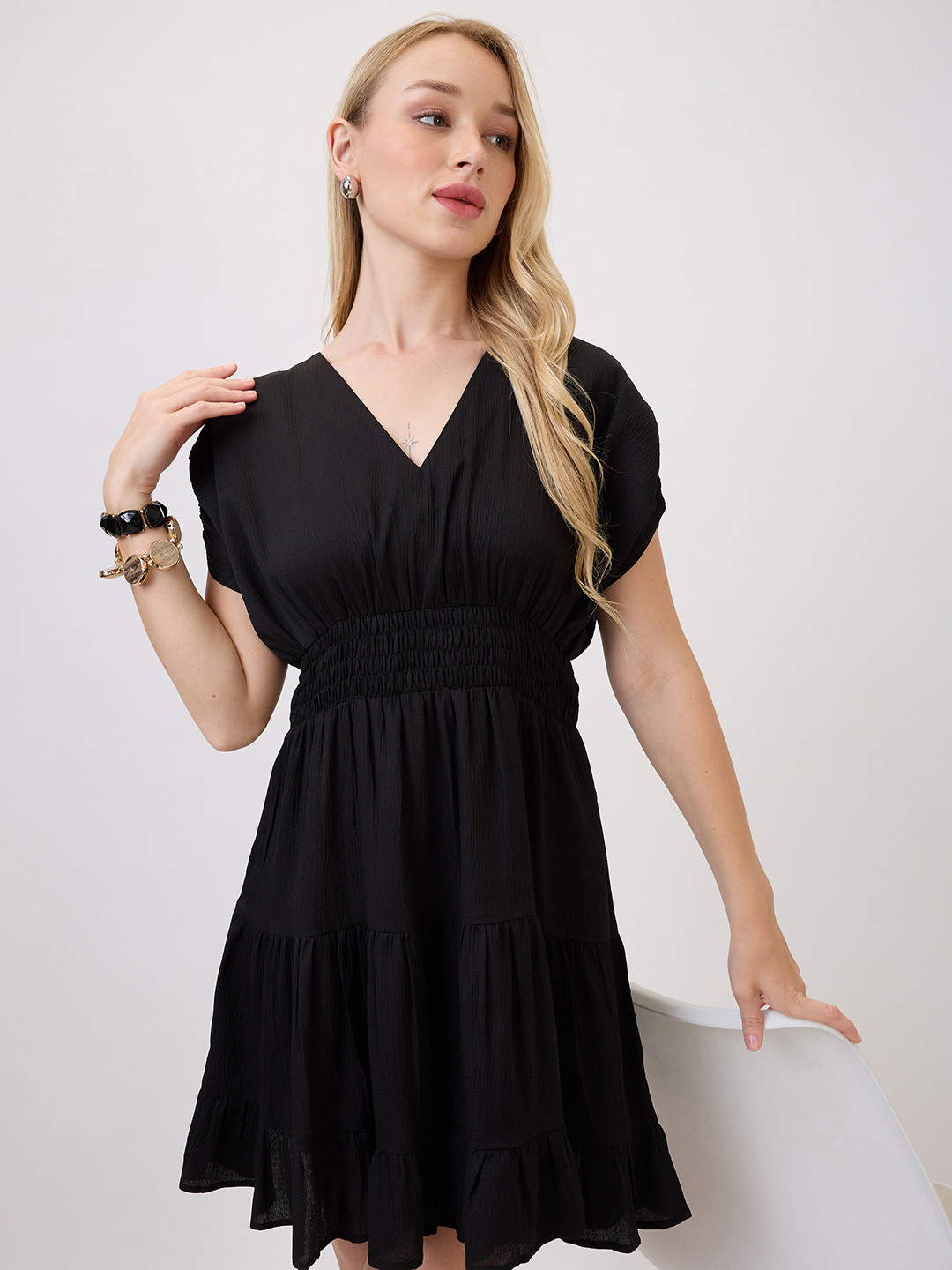Amarasha Puff Sleeve Crepe Fit & Flare Dress